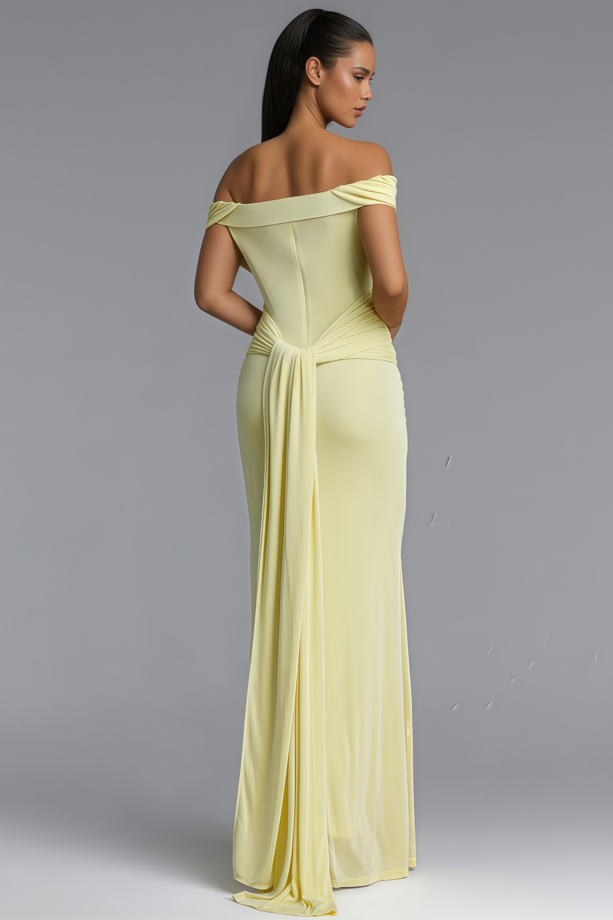 Fndrew Yellow Off The Shoulder Ruched Maxi Dress