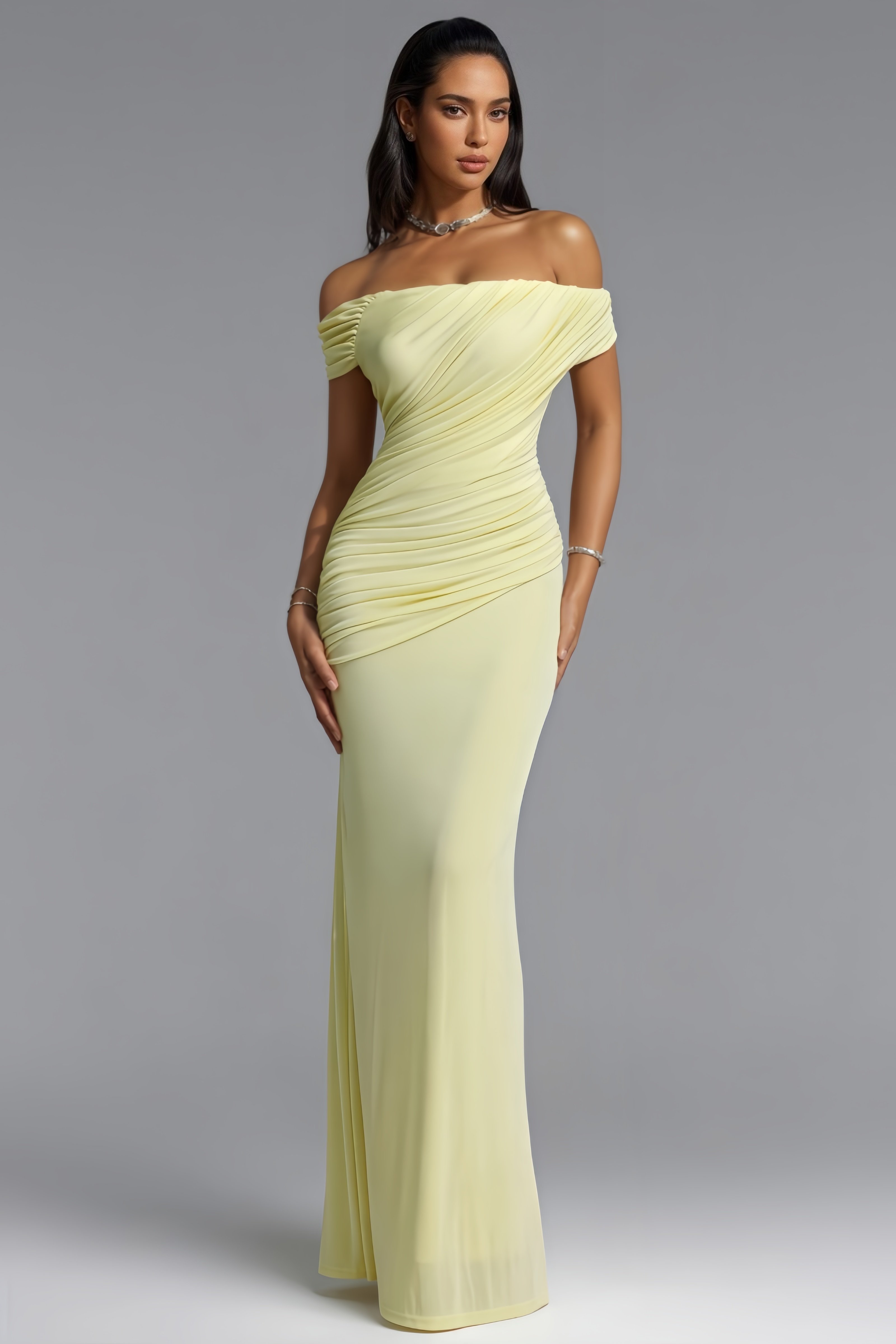 Fndrew Yellow Off The Shoulder Ruched Maxi Dress