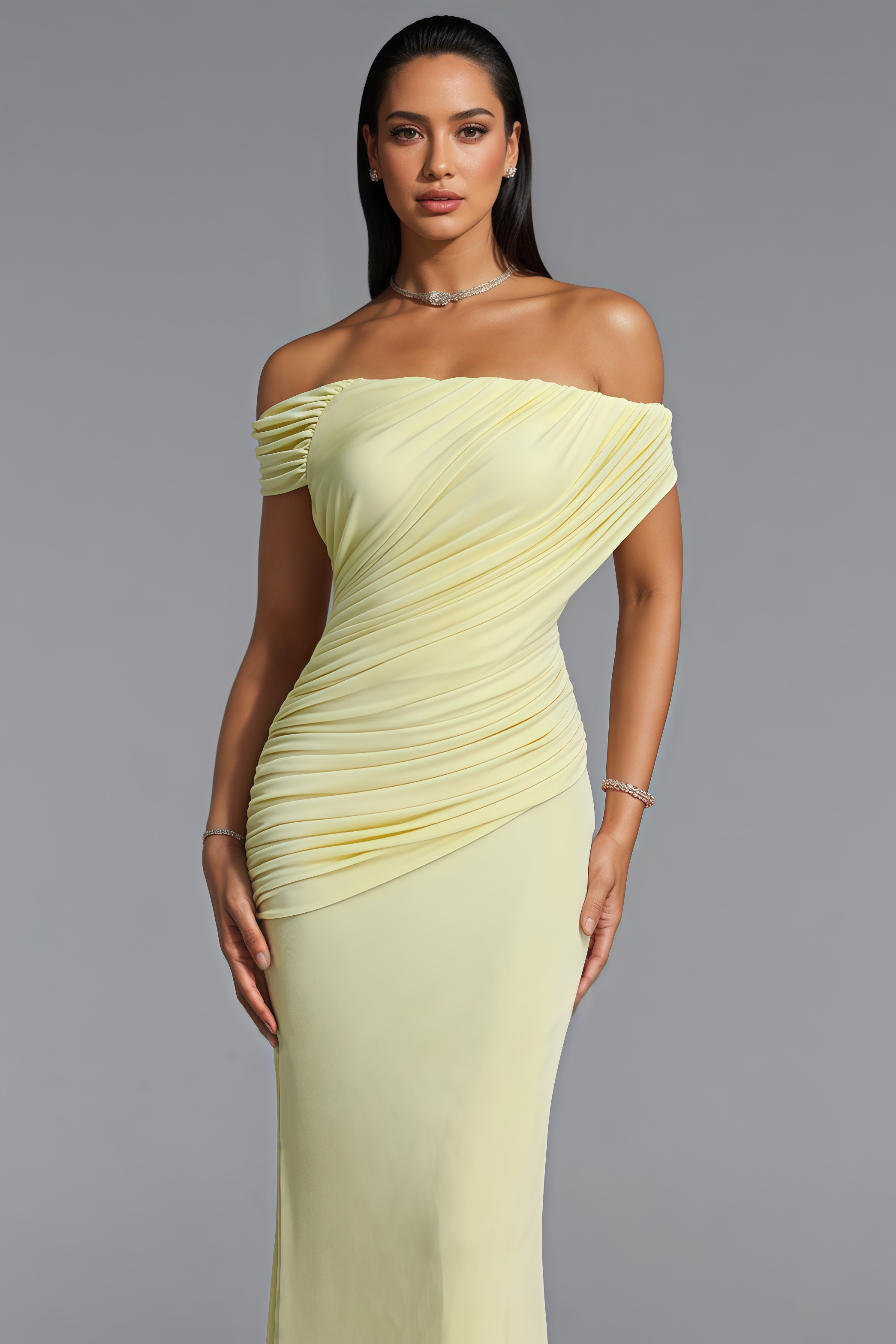 Fndrew Yellow Off The Shoulder Ruched Maxi Dress