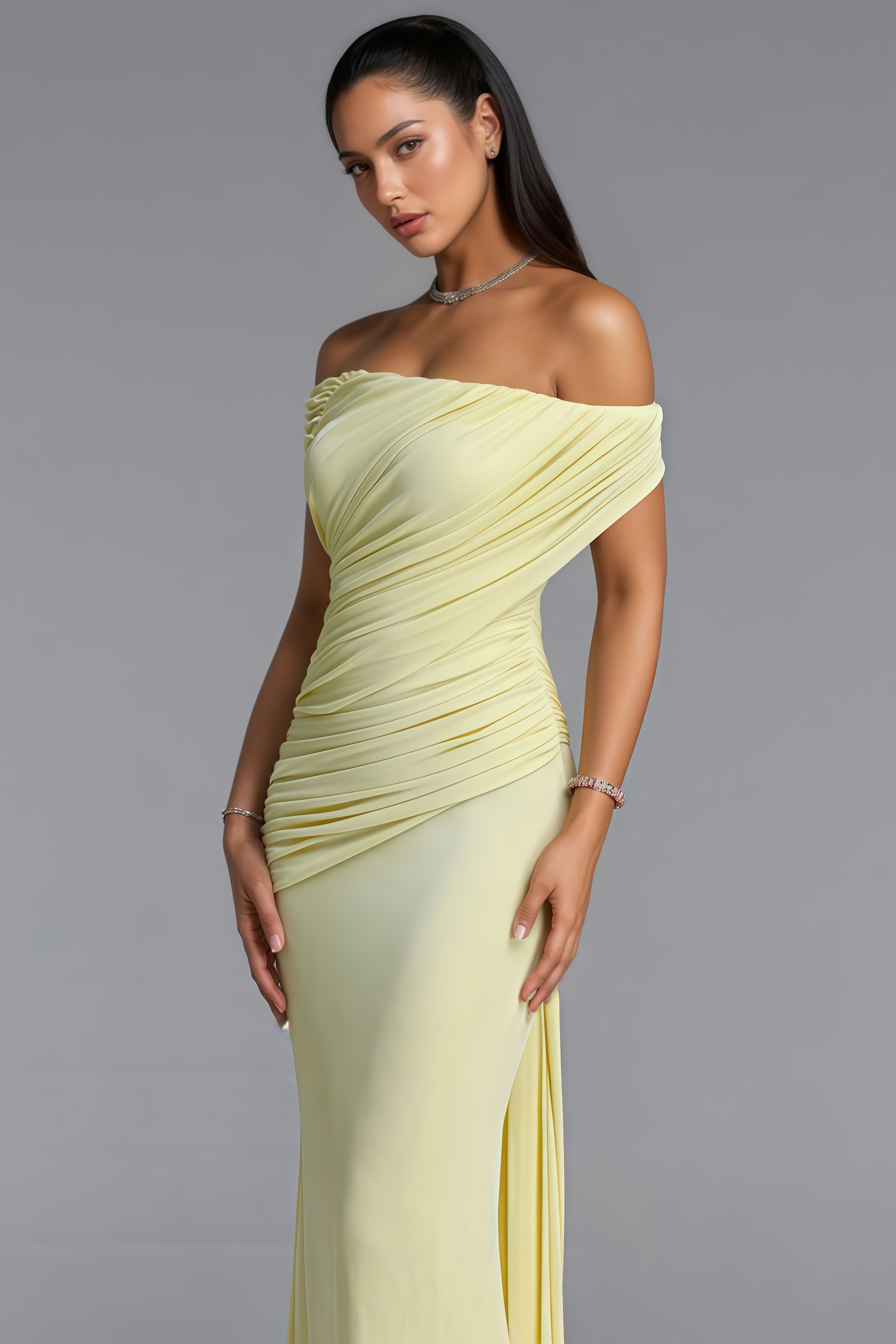 Fndrew Yellow Off The Shoulder Ruched Maxi Dress