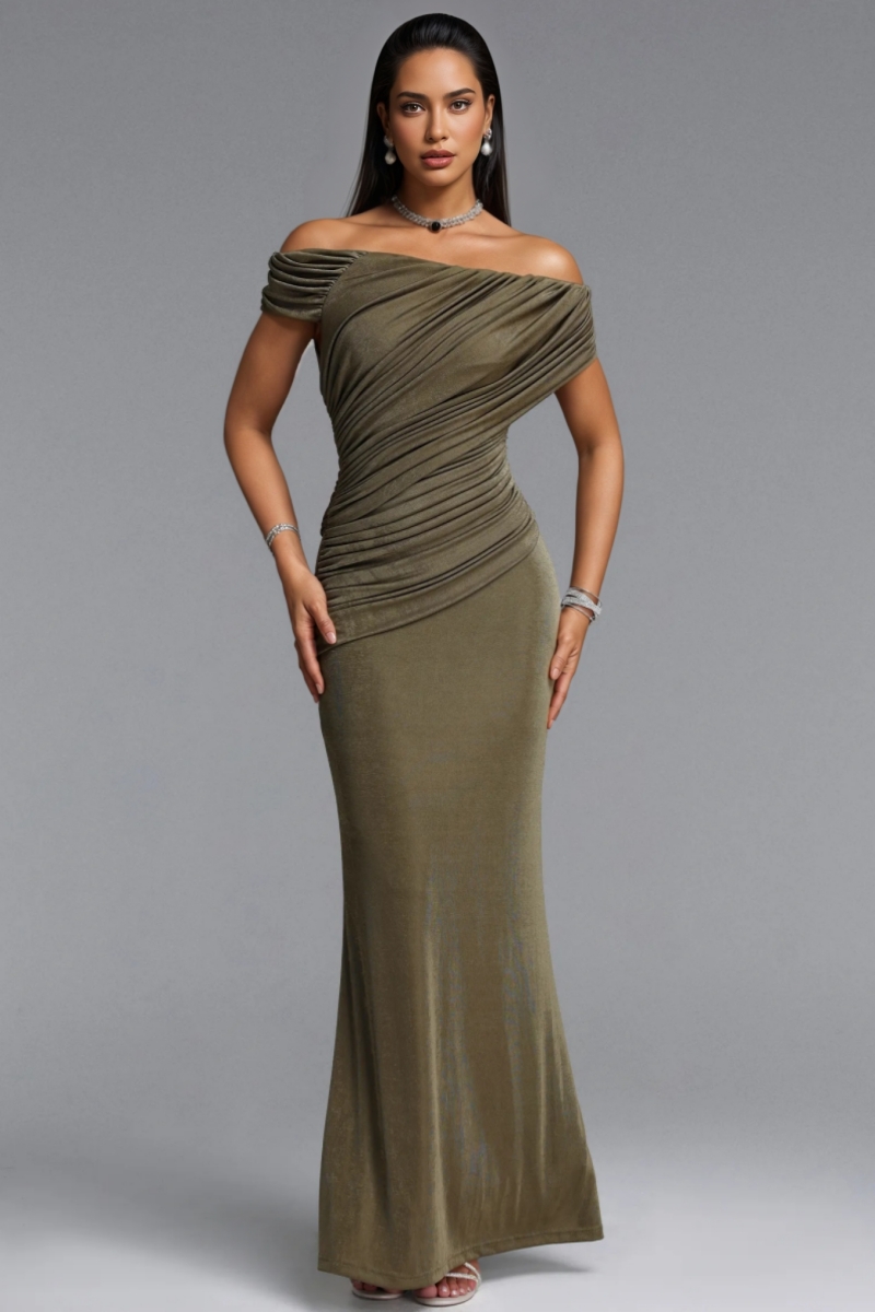 Ferenity Green Off The Shoulder Ruched Maxi Dress