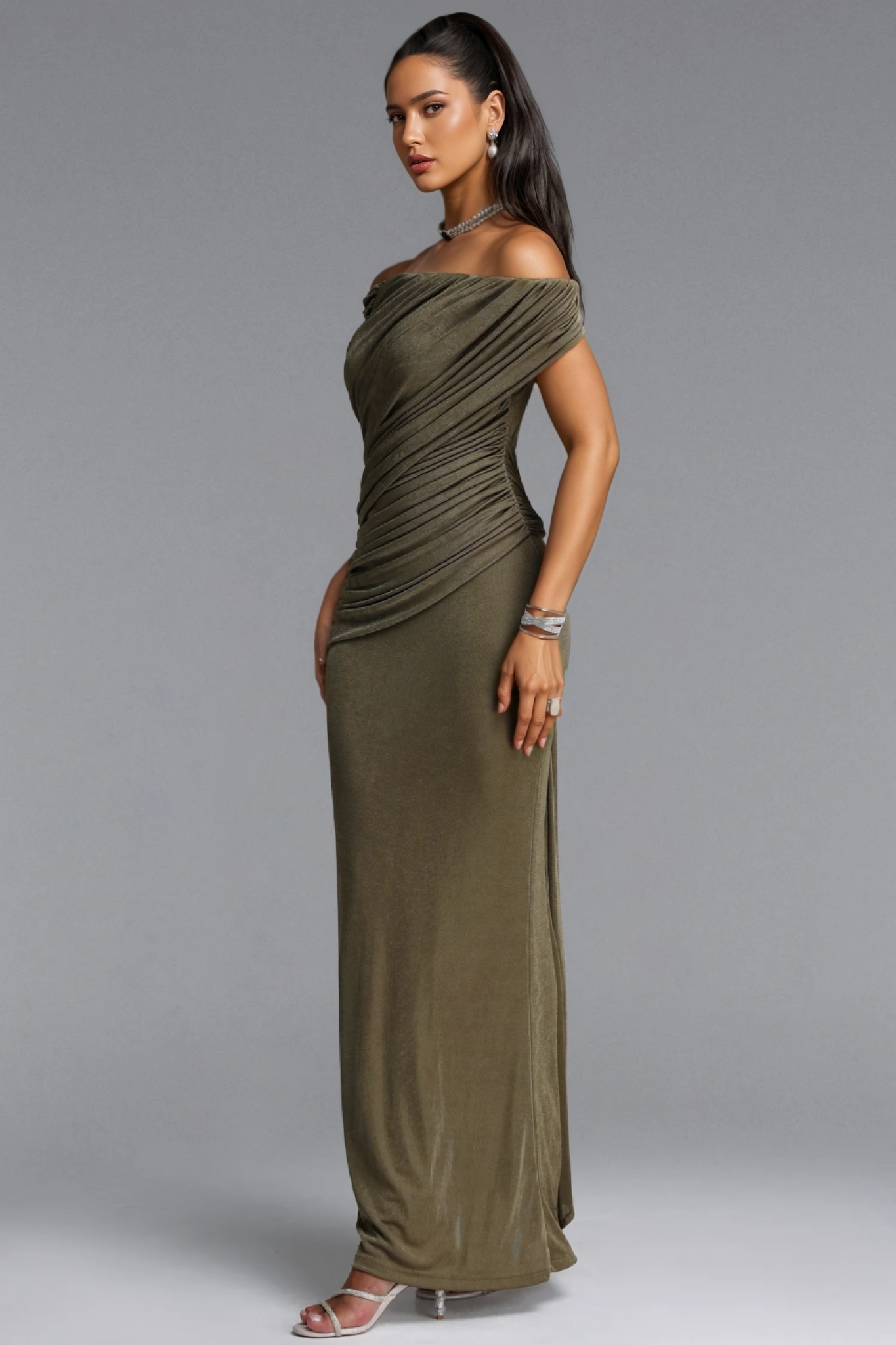 Ferenity Green Off The Shoulder Ruched Maxi Dress