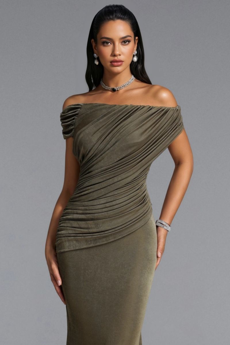 Ferenity Green Off The Shoulder Ruched Maxi Dress