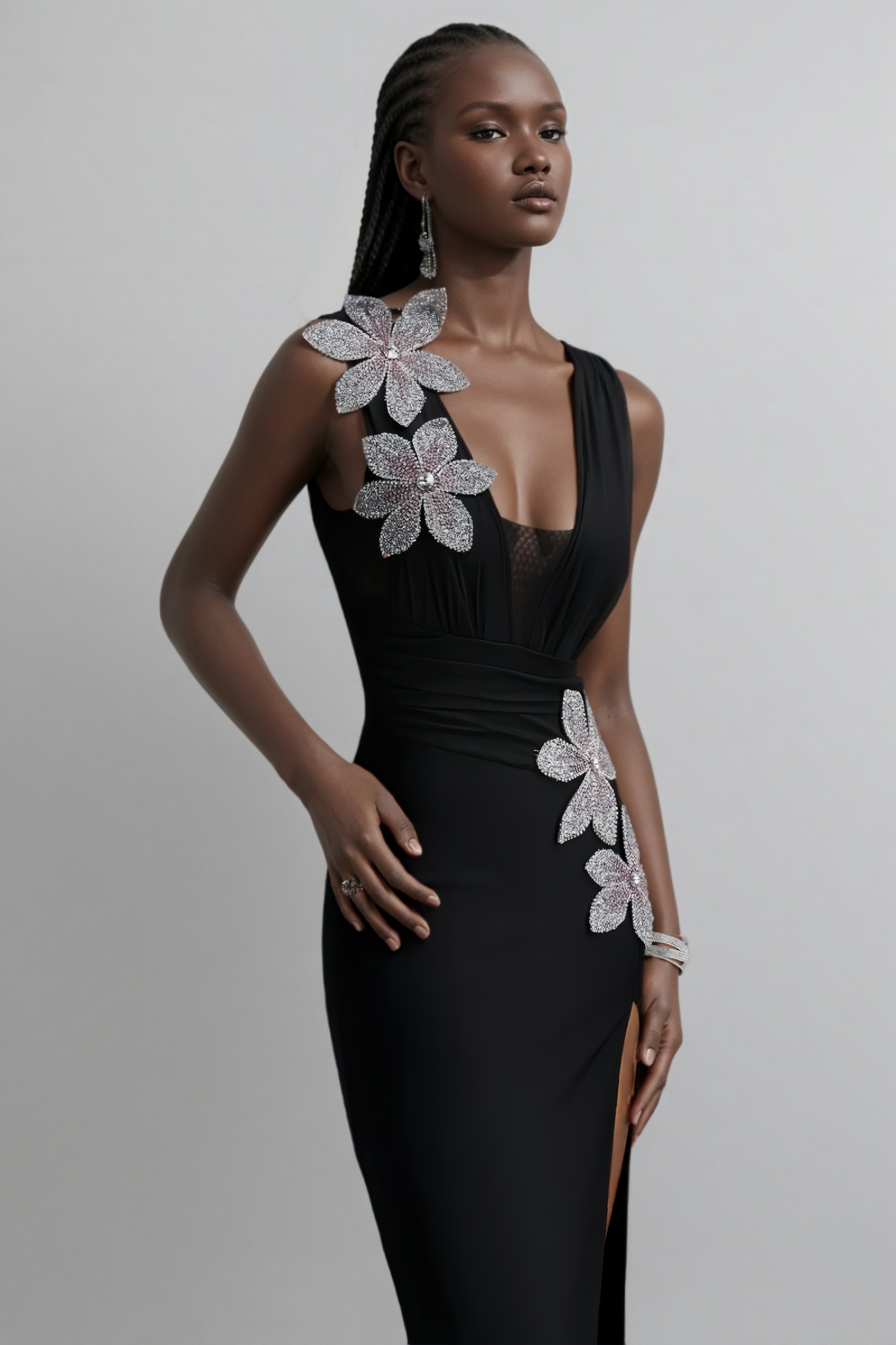 Caniel Black 3D Floral Slit Bandage Maxi Dress
