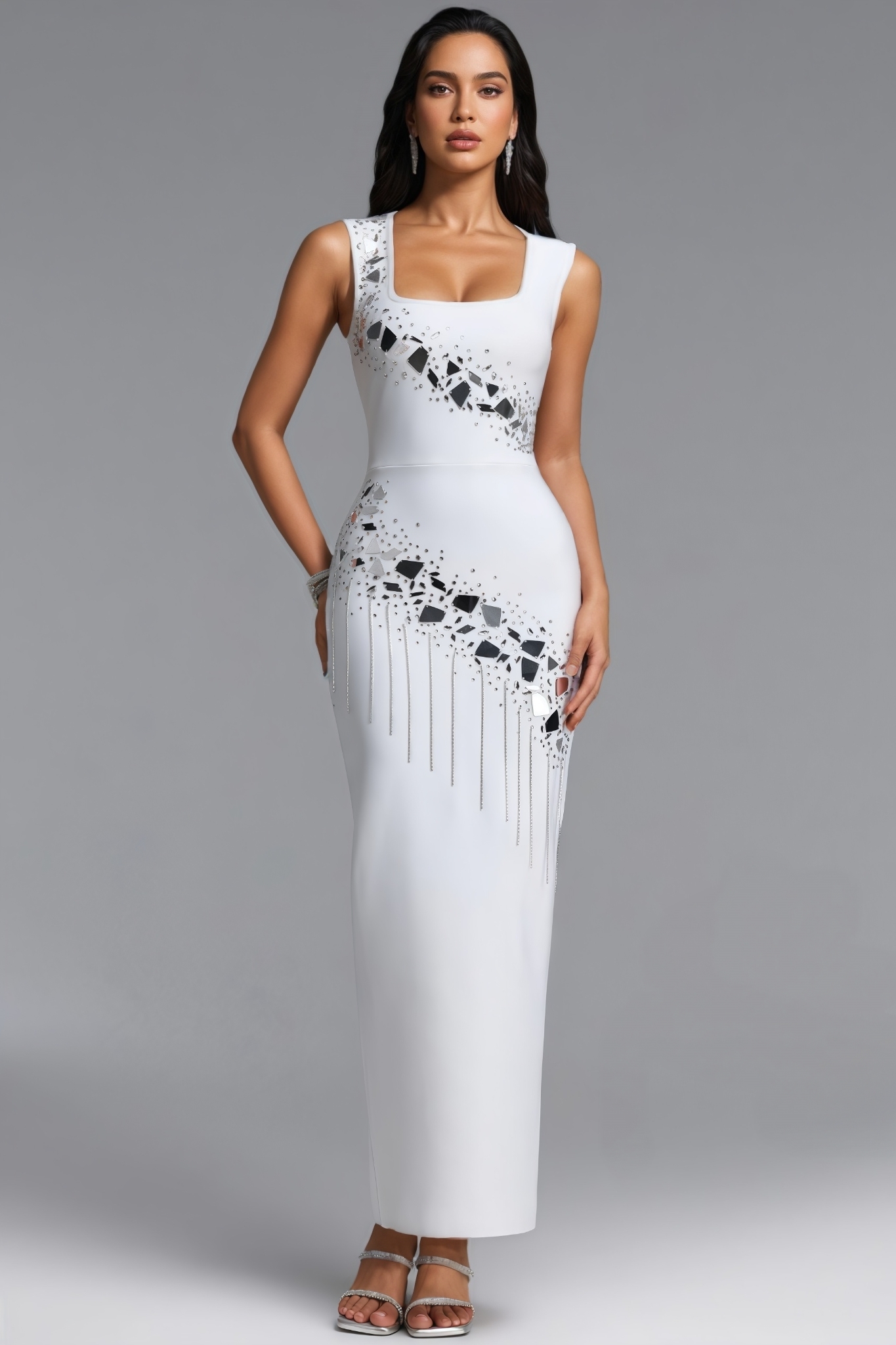 Kaven White Rhinestone Bandage Maxi Dress