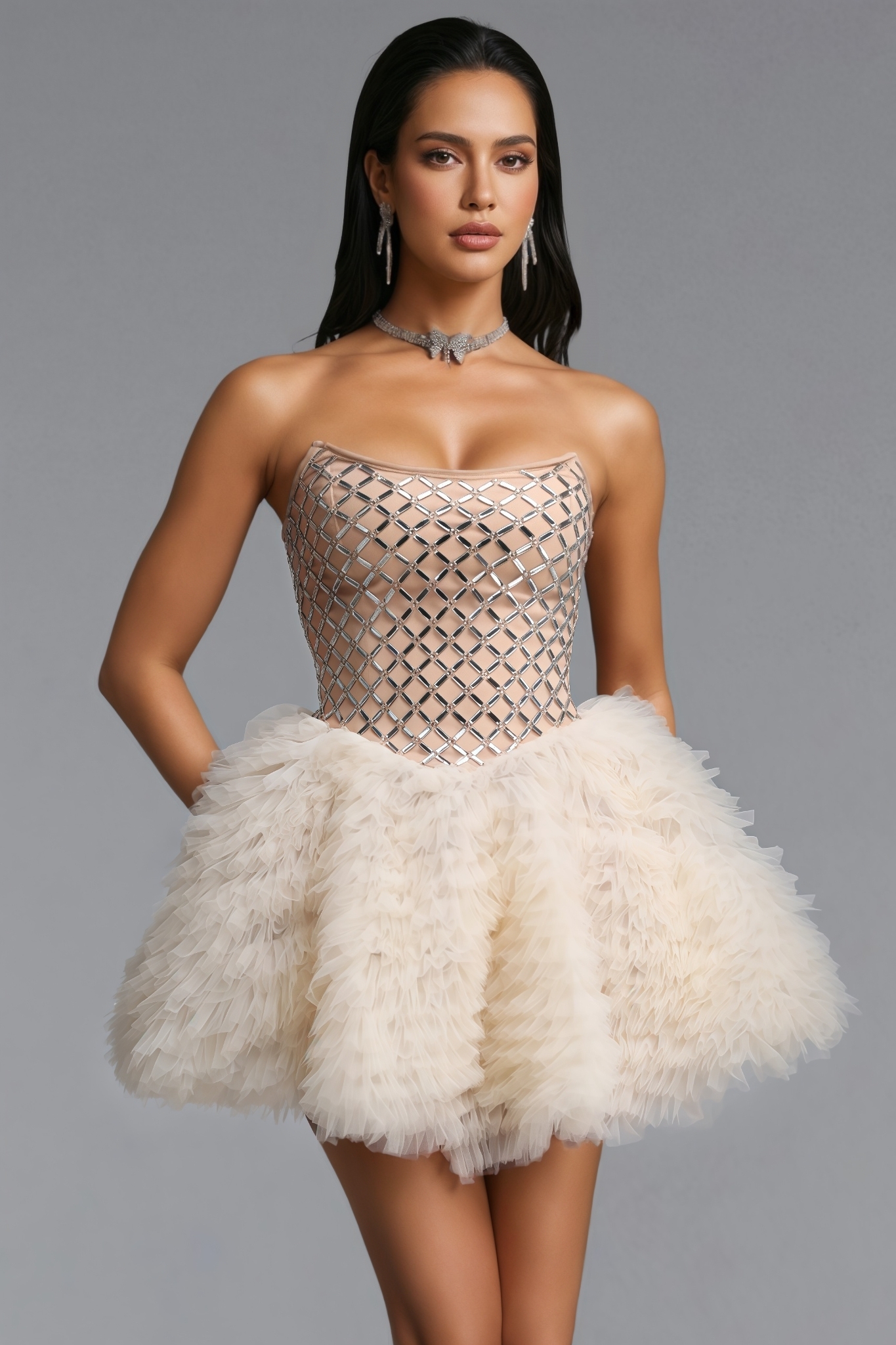 Slara Strapless Rhinestone Tulle Bandage Mini Dress