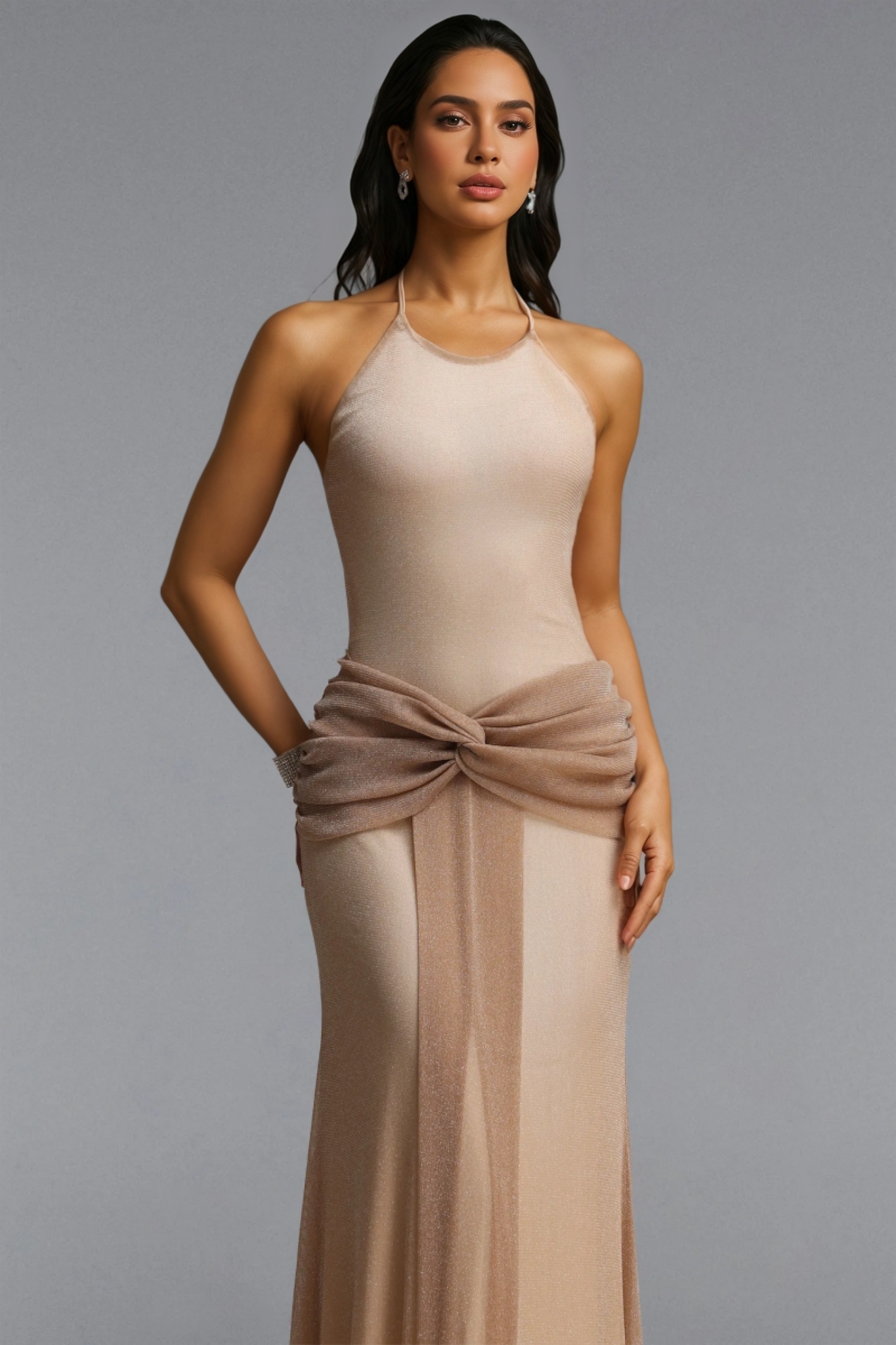 Bdrian Khaki Halter Neck Maxi Dress