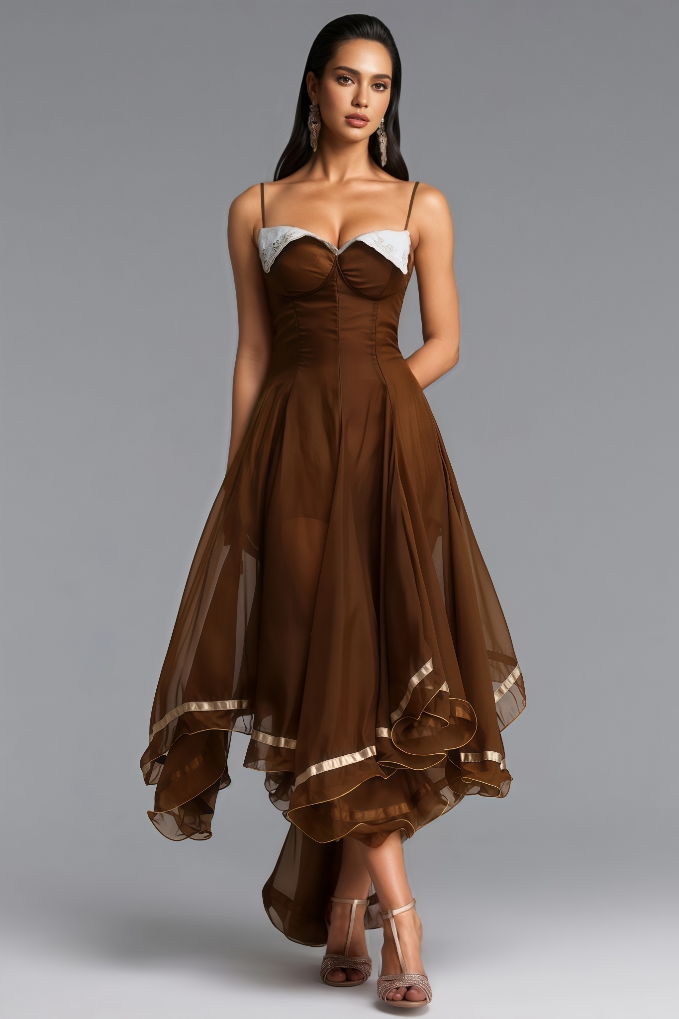 Fonnor Brown Halter Tulle Maxi Dress