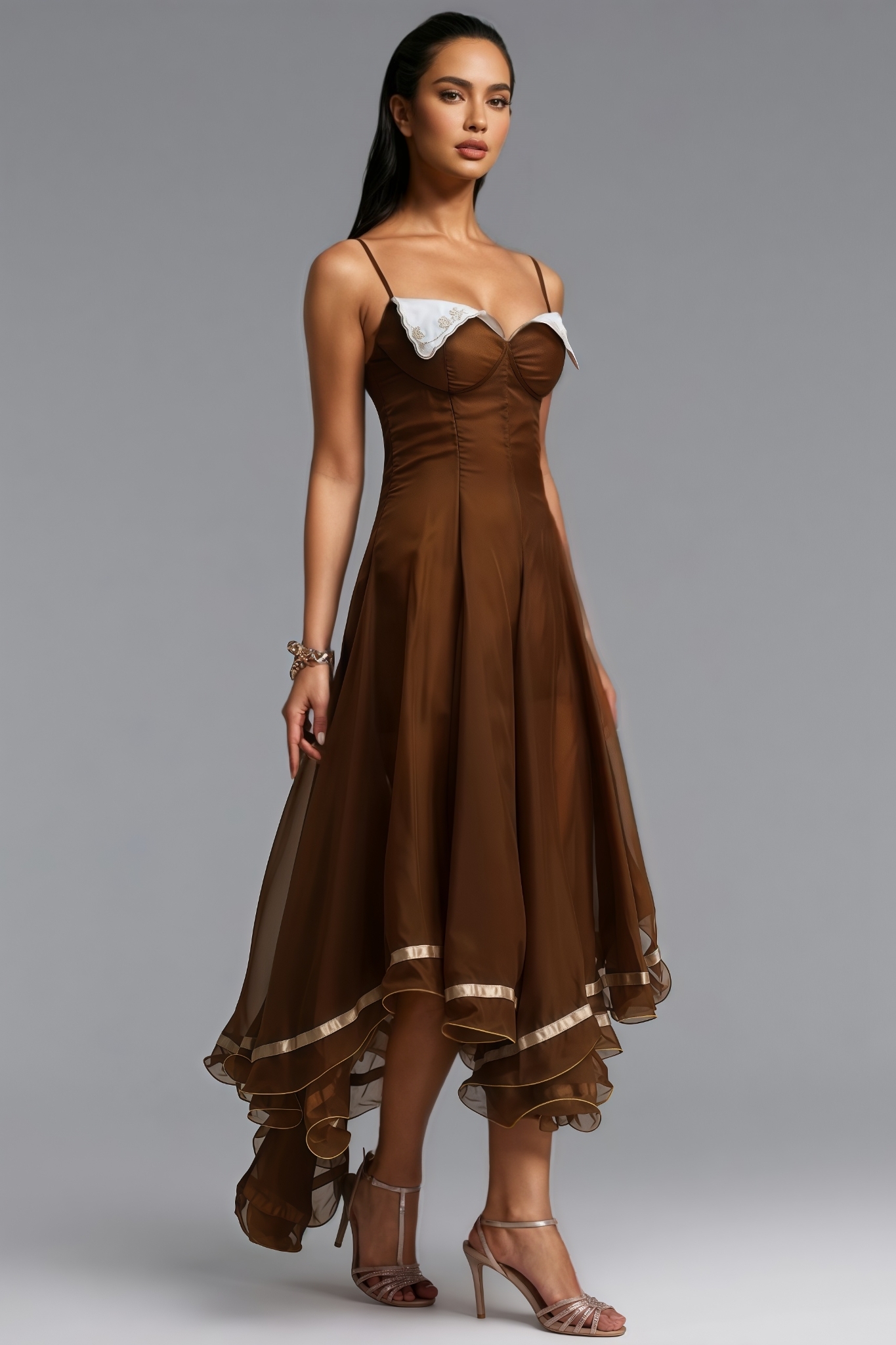 Fonnor Brown Halter Tulle Maxi Dress