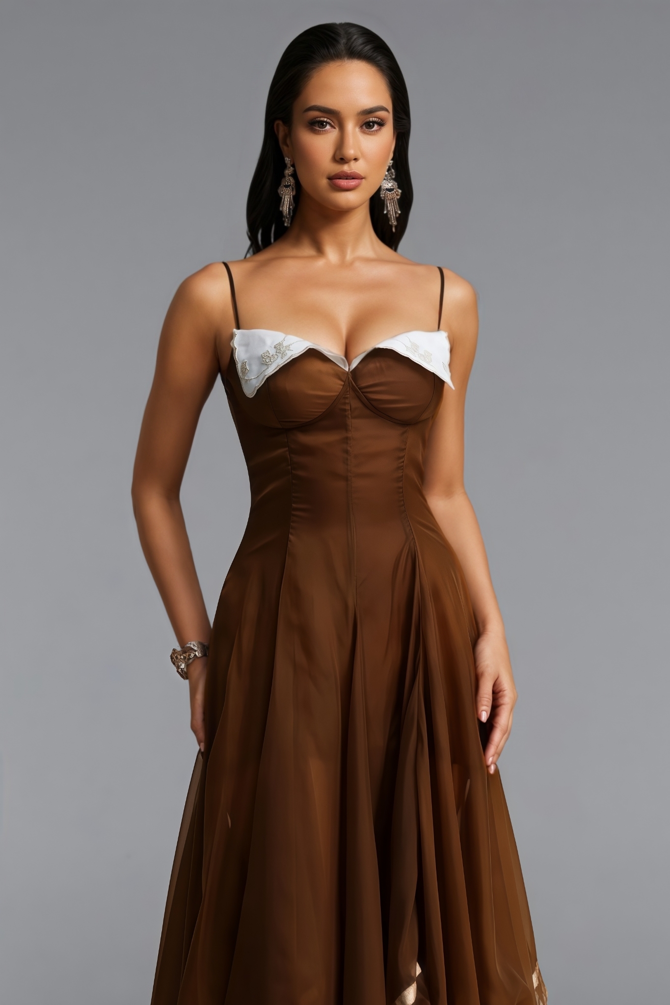Fonnor Brown Halter Tulle Maxi Dress