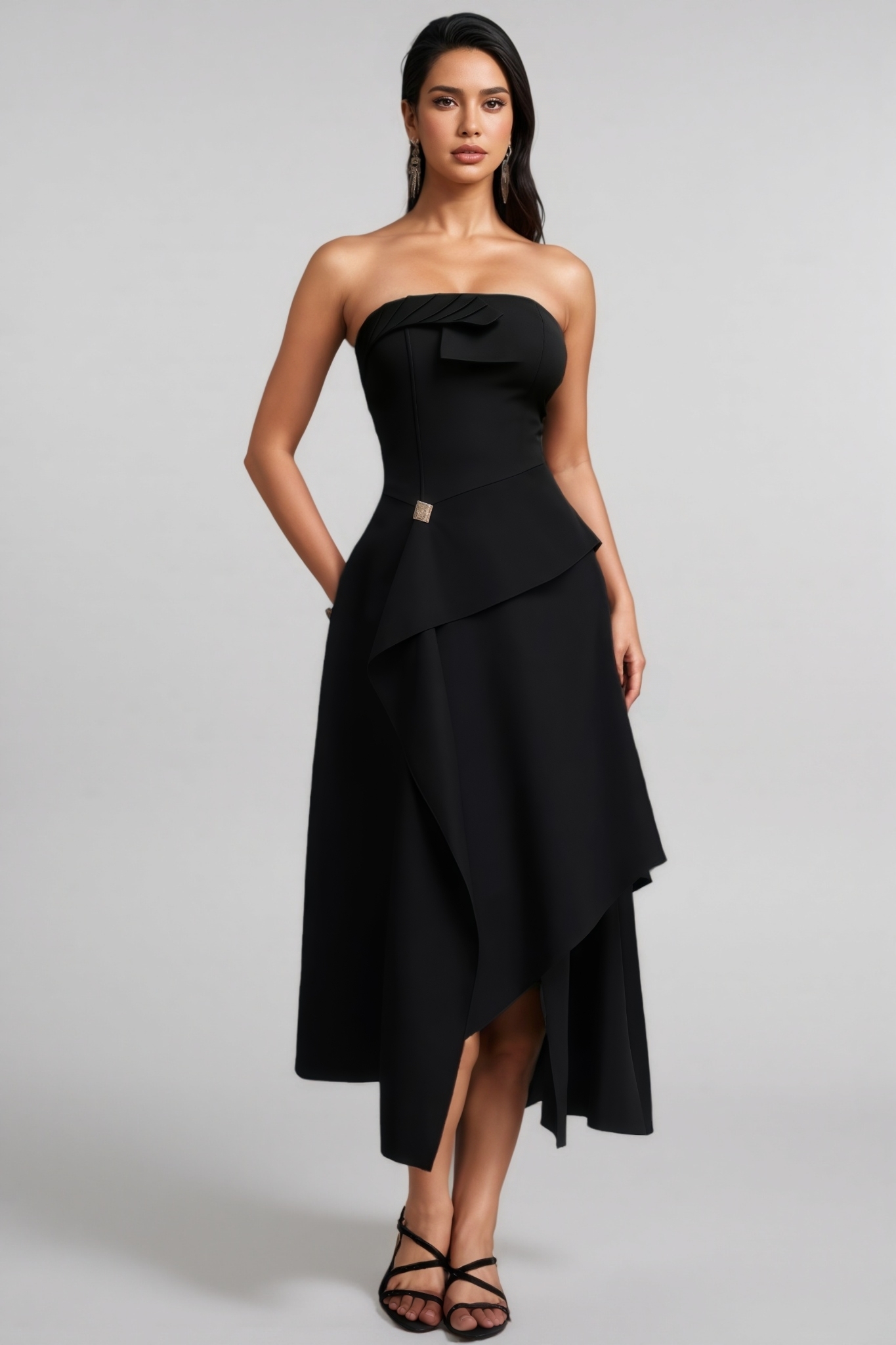 Nonathan Black Strapless Woven Midi Dress