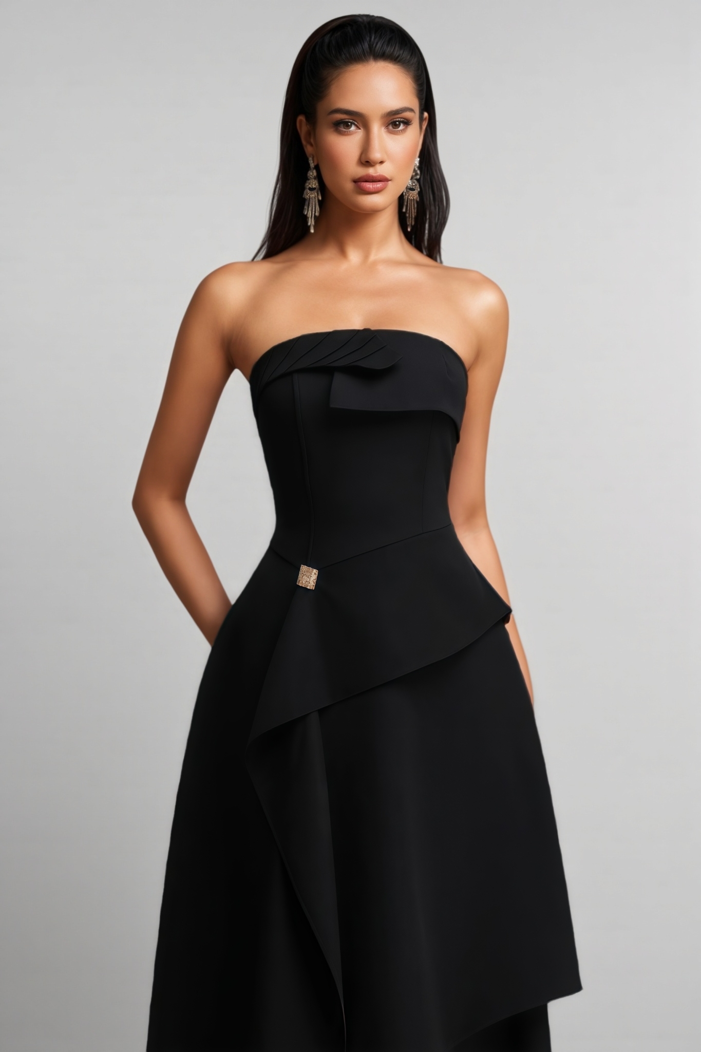 Nonathan Black Strapless Woven Midi Dress