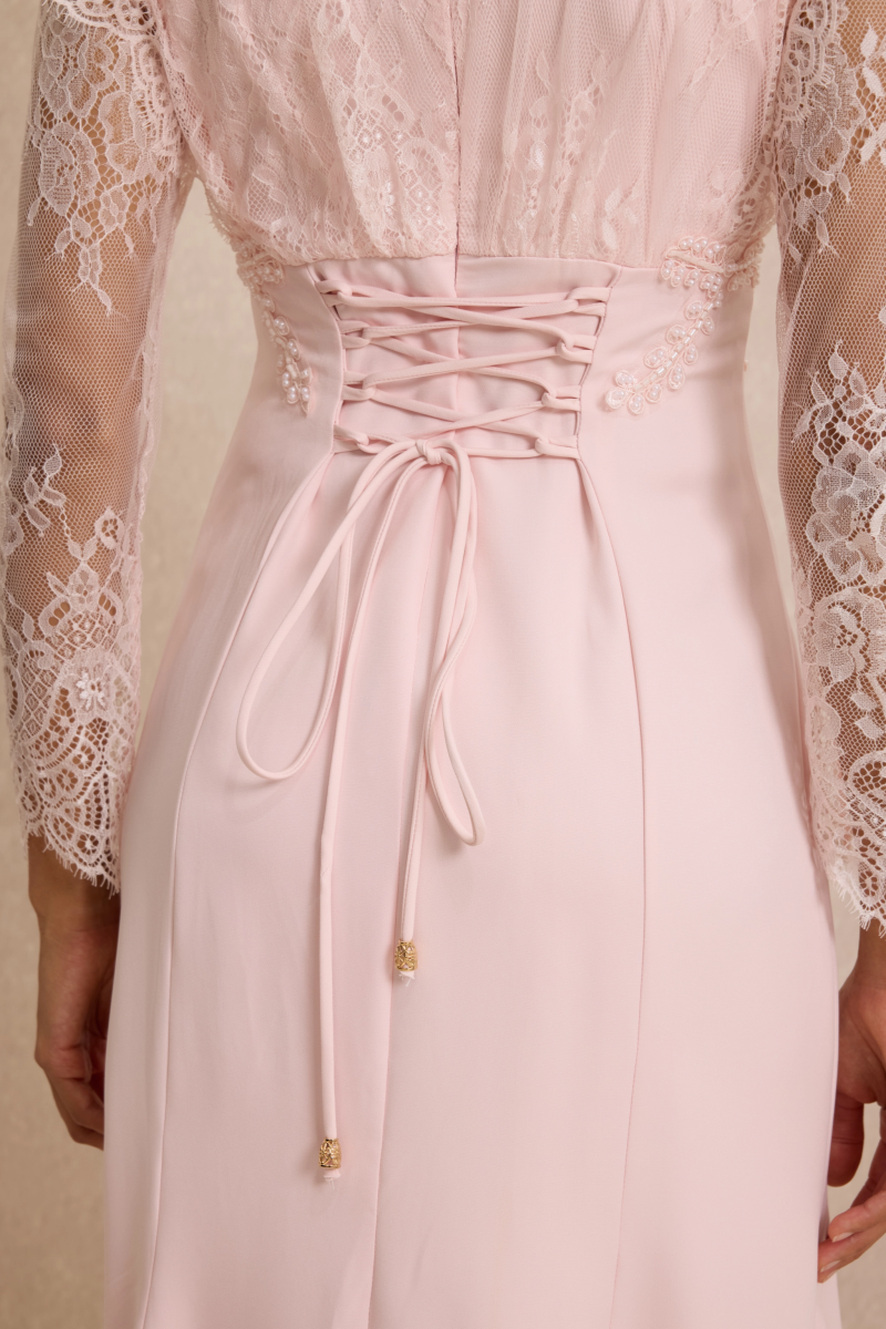 Flime Pink Long Sleeve Lace Maxi Dress