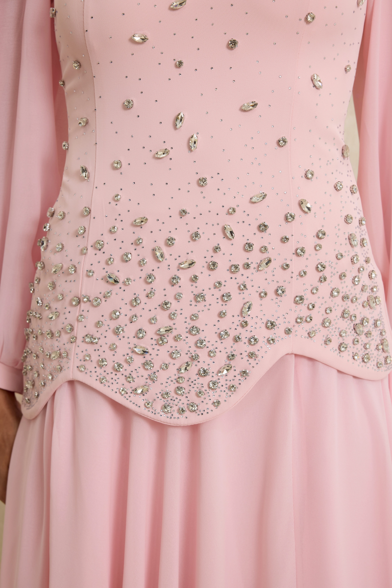Nolton Pink Long Sleeve Rhinestone Maxi Dress Set