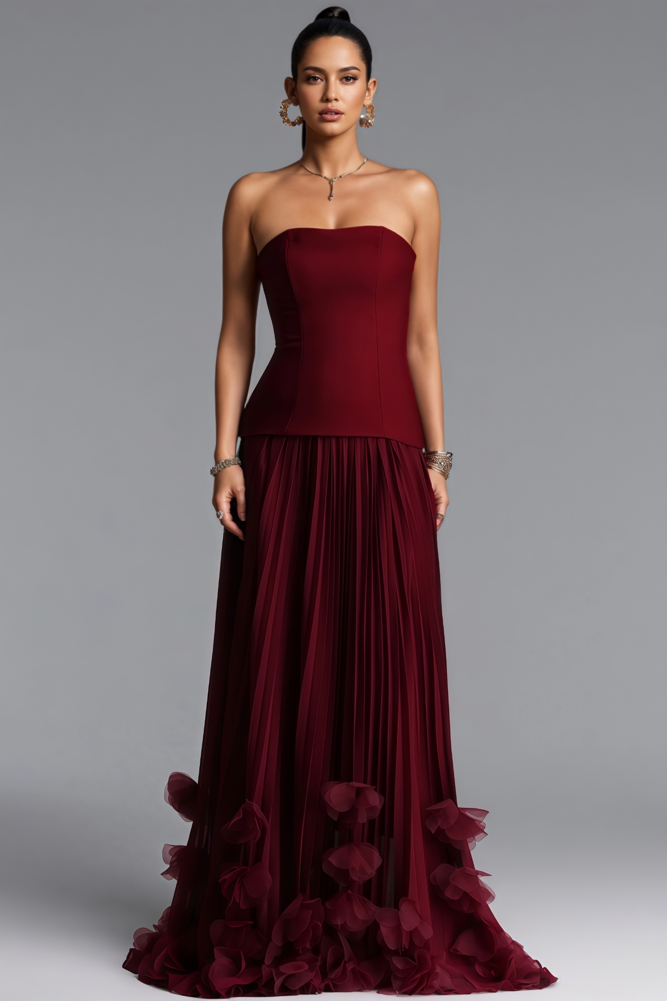 Qyior Red Strapless Petal Maxi Dress