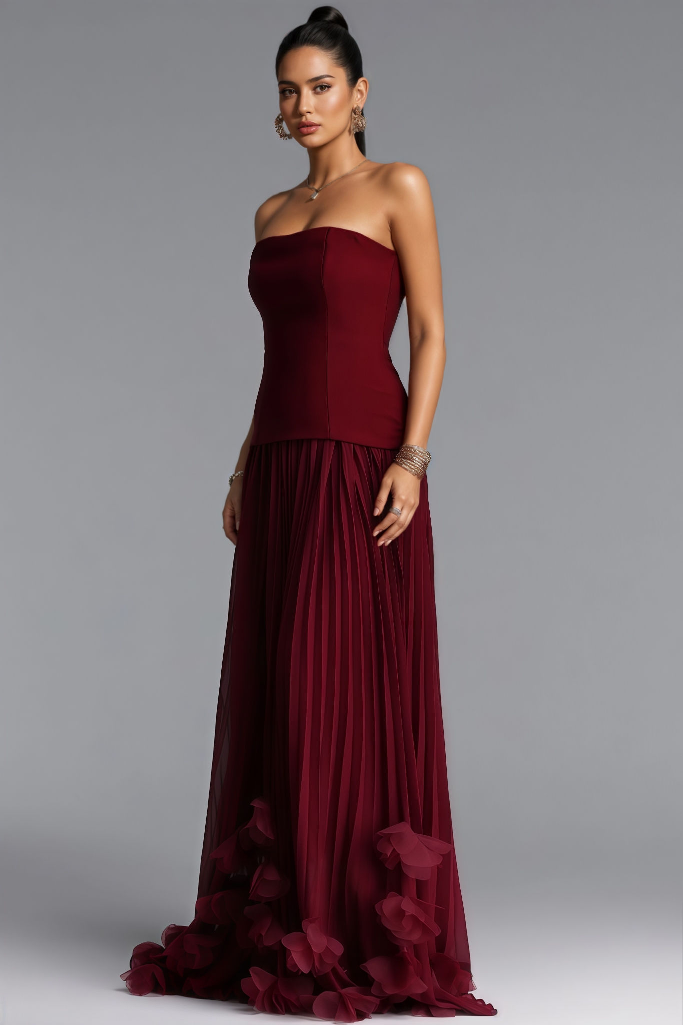 Qyior Red Strapless Petal Maxi Dress