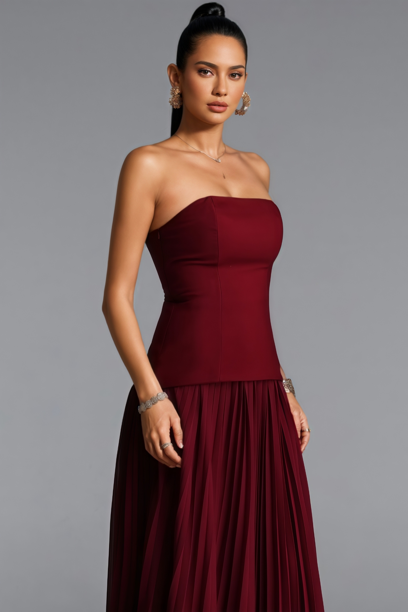 Qyior Red Strapless Petal Maxi Dress
