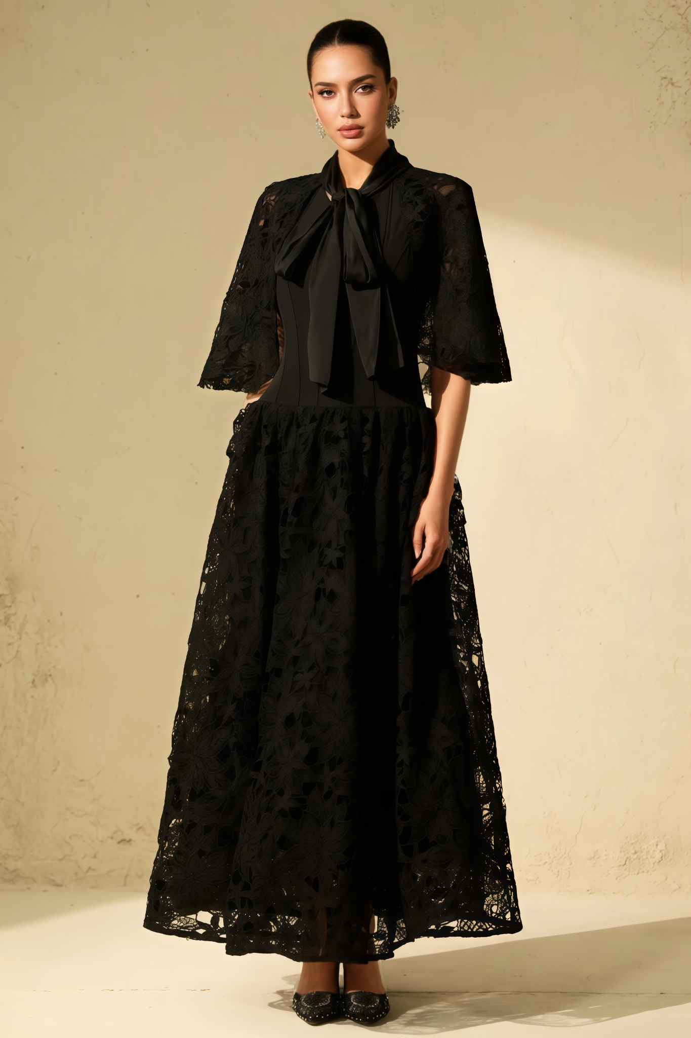 Ularn Black Floral Lace Cape Maxi Dress