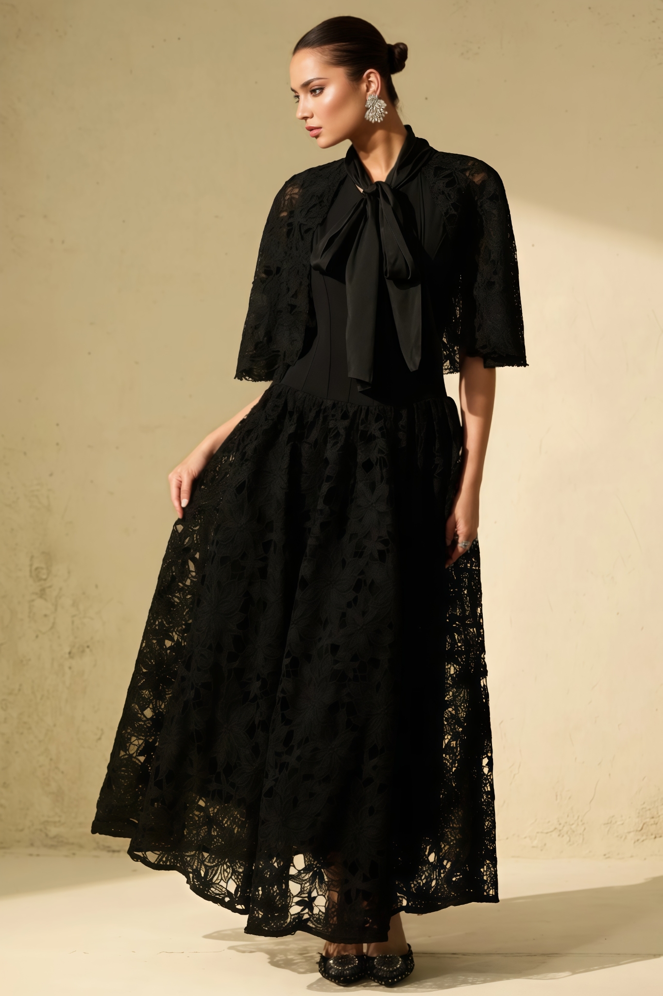 Ularn Black Floral Lace Cape Maxi Dress