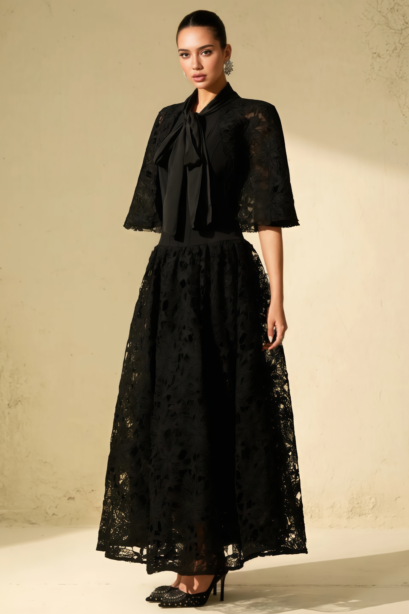 Ularn Black Floral Lace Cape Maxi Dress