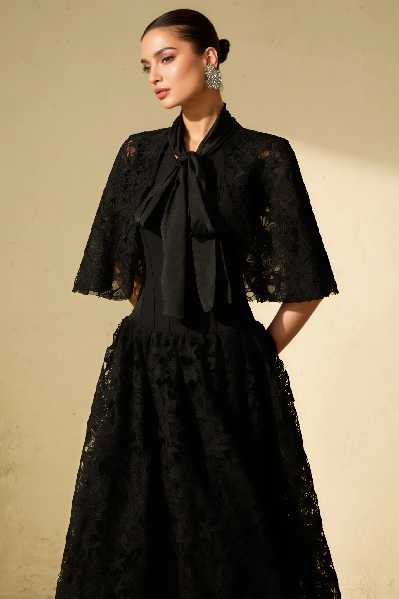 Ularn Black Floral Lace Cape Maxi Dress