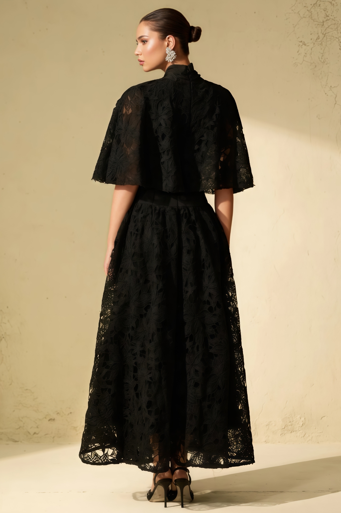 Ularn Black Floral Lace Cape Maxi Dress