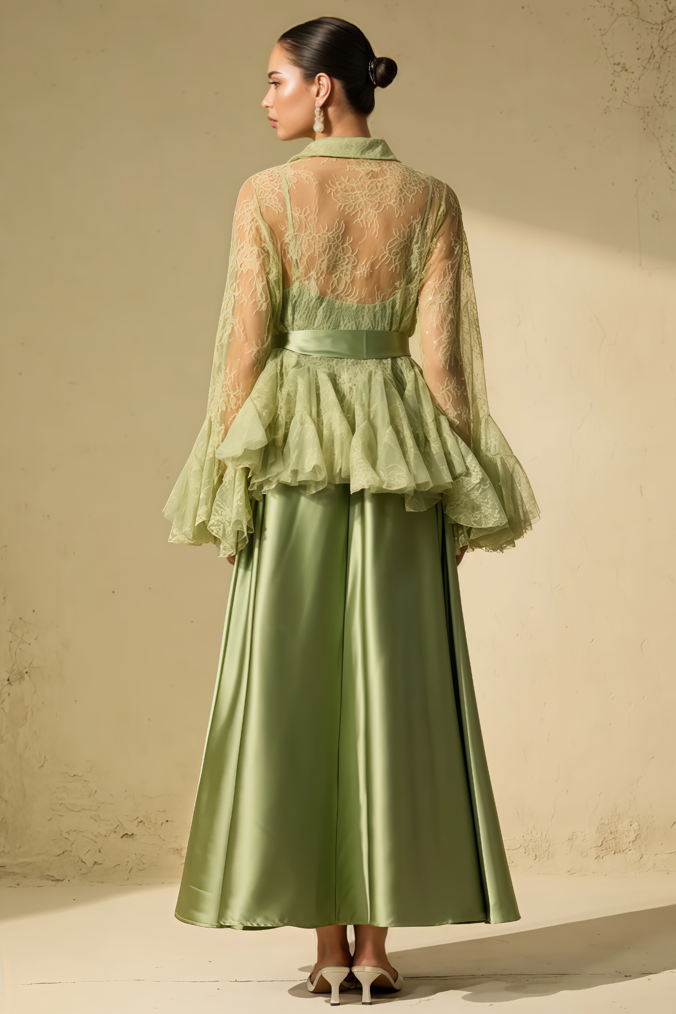 Davxn Green Sheer Ruffled Blouse Maxi Dress Set