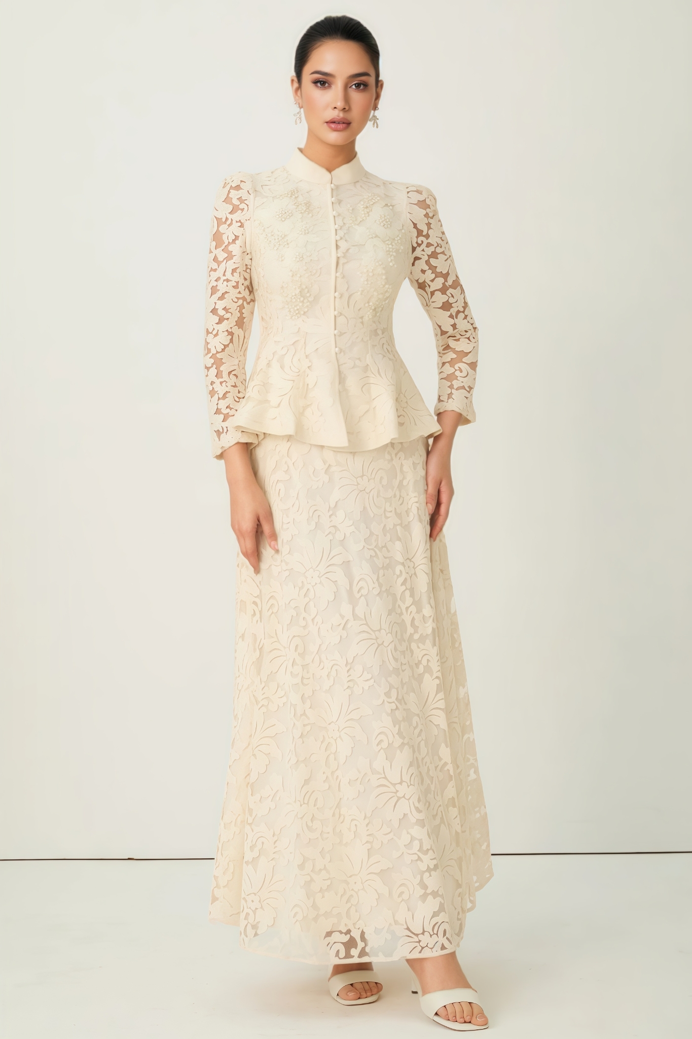Rogane Beige Floral Lace Top Maxi Dress Set