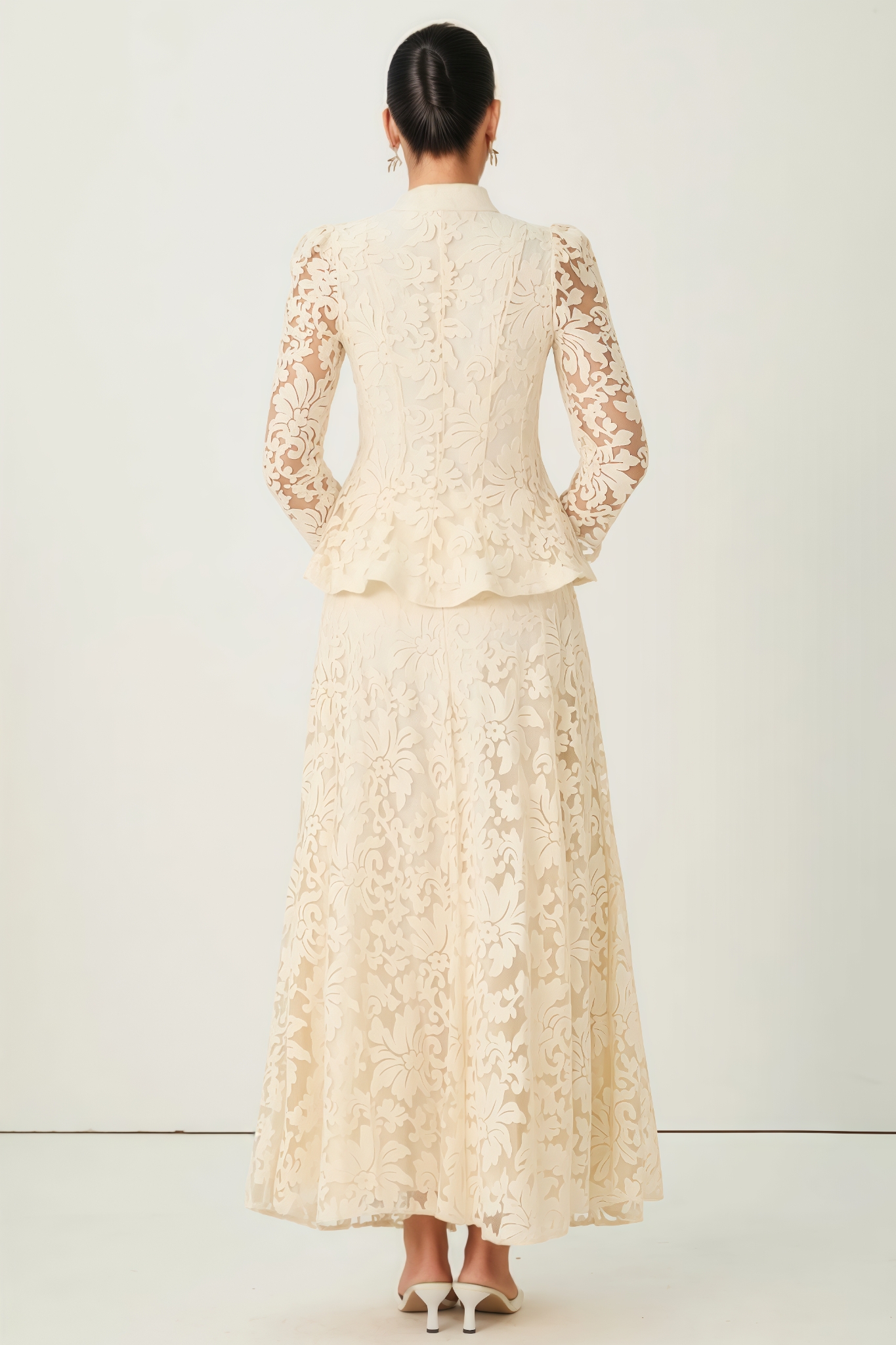 Rogane Beige Floral Lace Top Maxi Dress Set