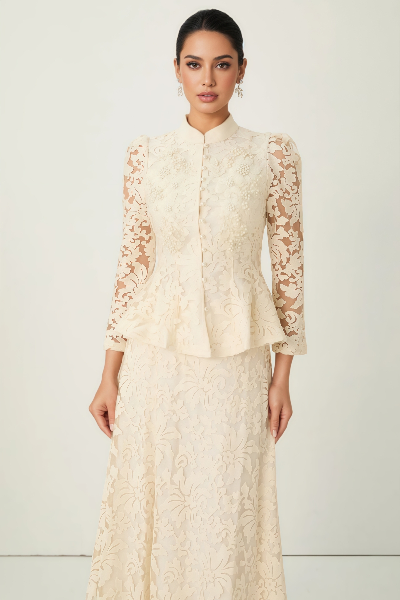 Rogane Beige Floral Lace Top Maxi Dress Set
