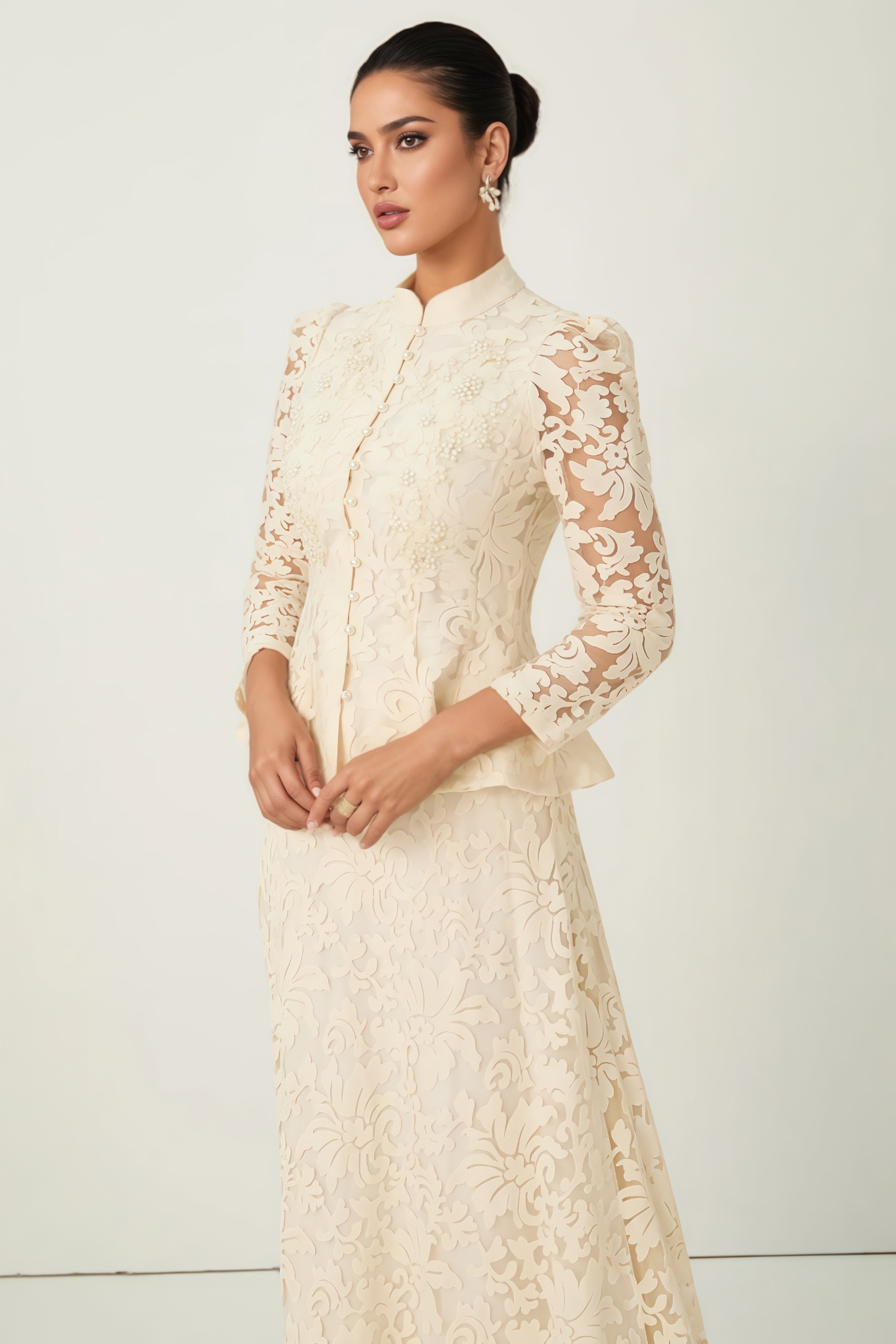 Rogane Beige Floral Lace Top Maxi Dress Set