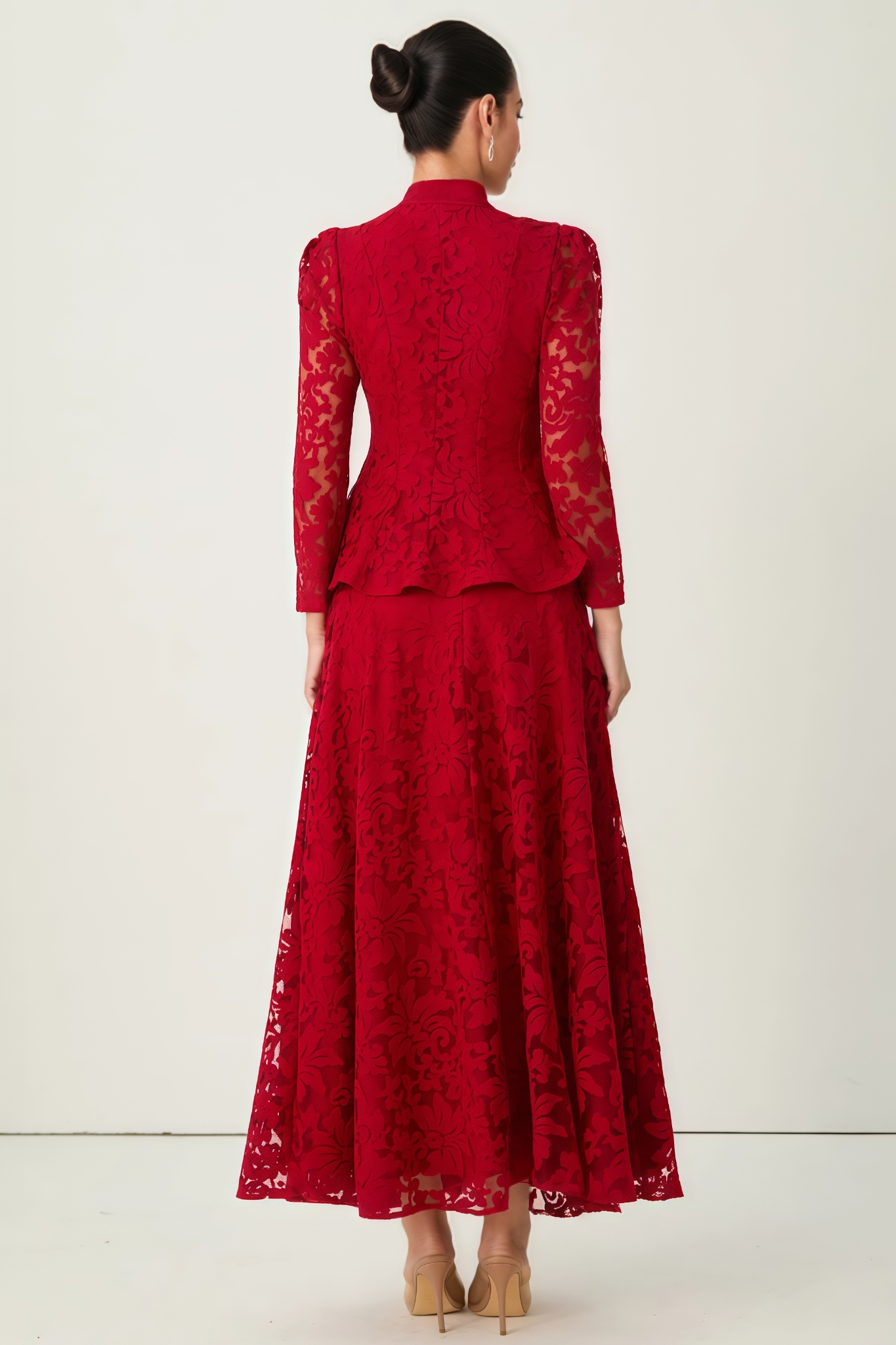 Novanh Red Floral Embroidered Lace Top Maxi Dress Set