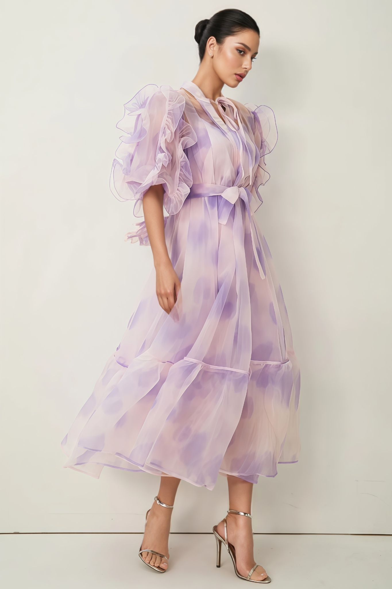 Zocse Purple Puff Sleeve Ruffle Maxi Dress