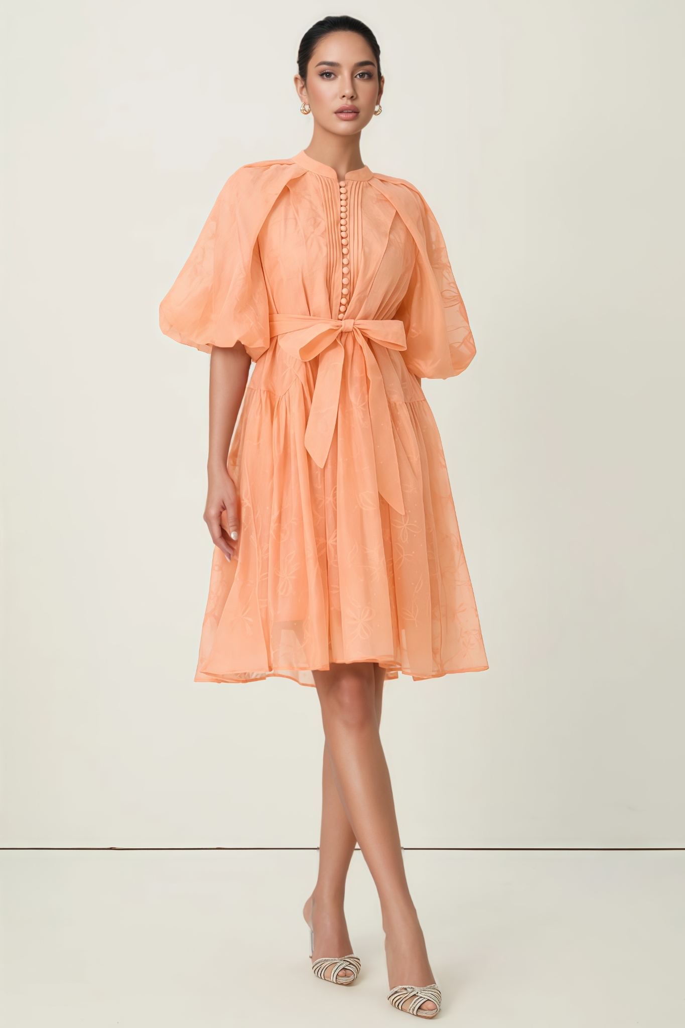 Norgve Orange Embroidered Short Puff Sleeve Midi Dress