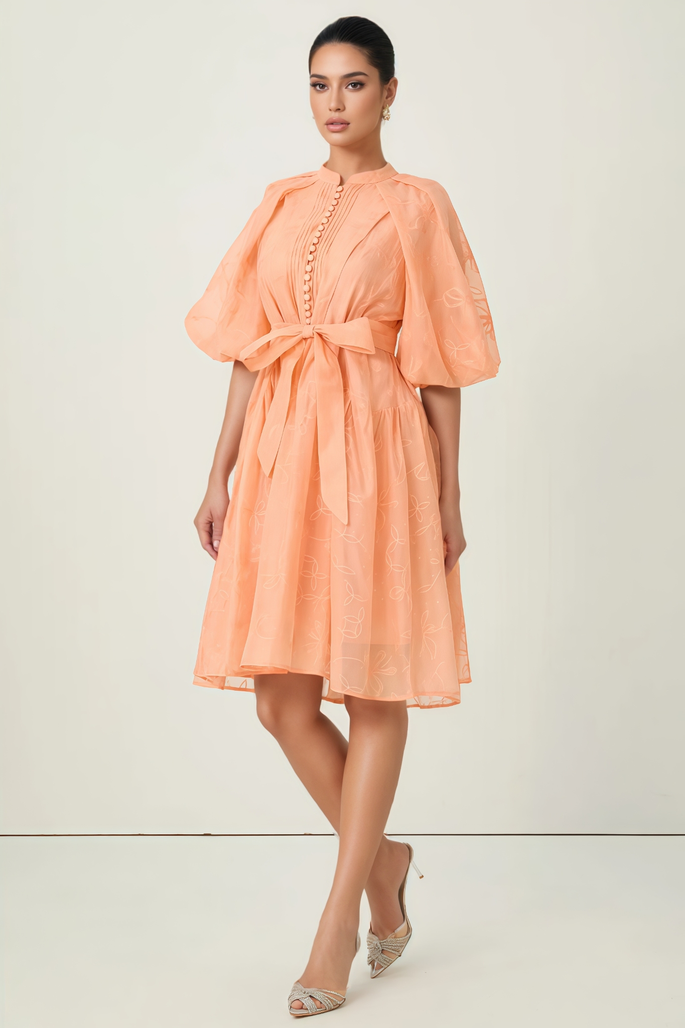 Norgve Orange Embroidered Short Puff Sleeve Midi Dress