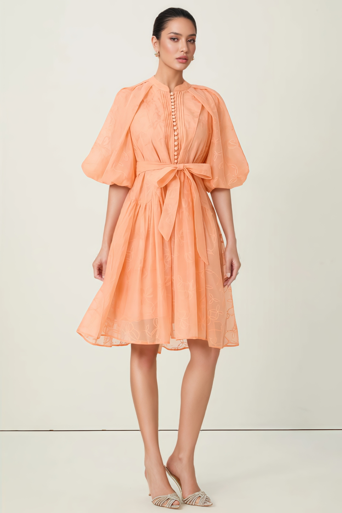 Norgve Orange Embroidered Short Puff Sleeve Midi Dress