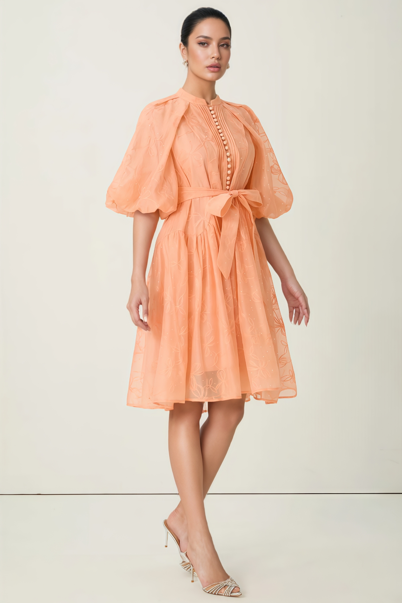 Norgve Orange Embroidered Short Puff Sleeve Midi Dress