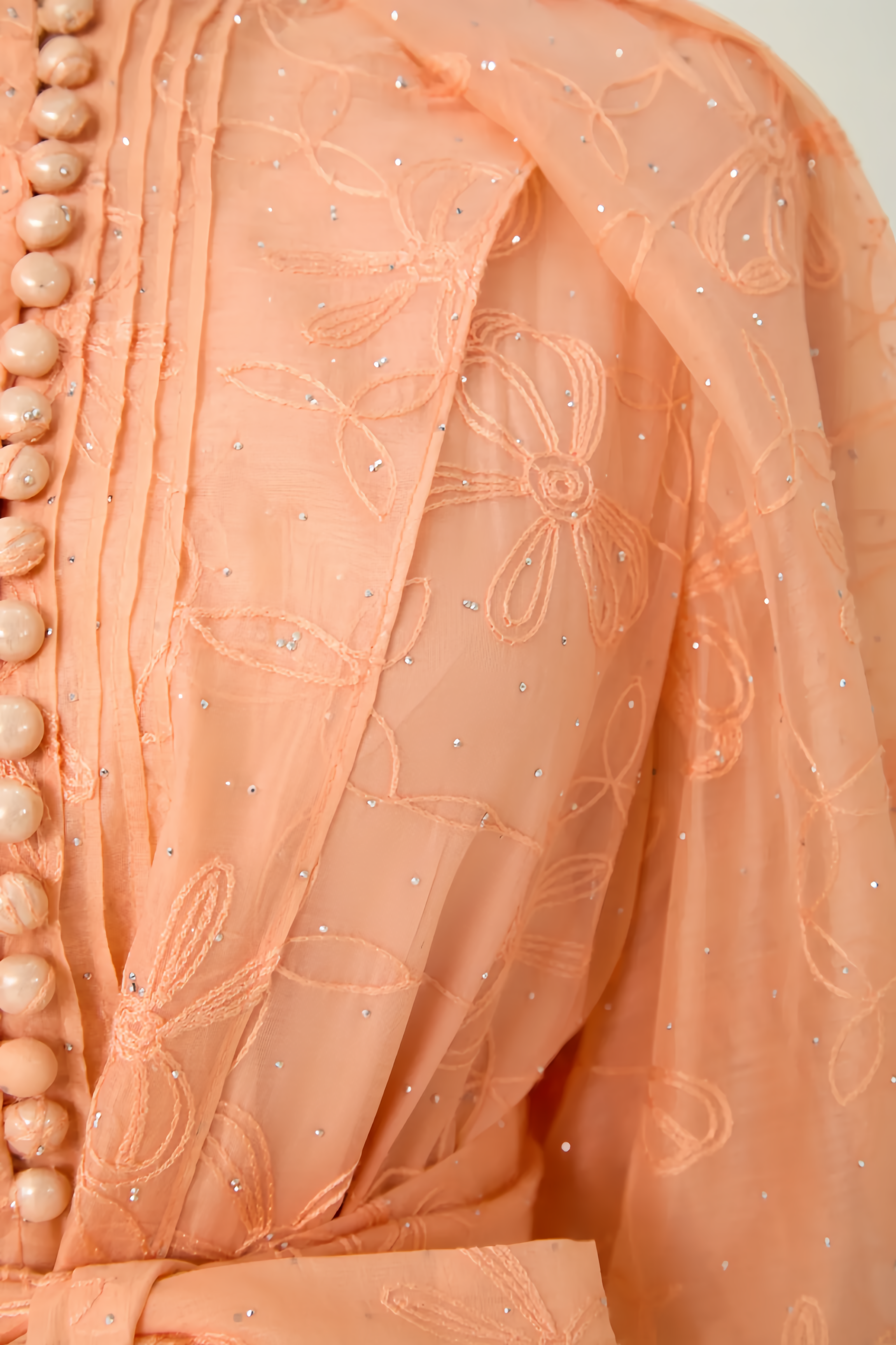 Norgve Orange Embroidered Short Puff Sleeve Midi Dress