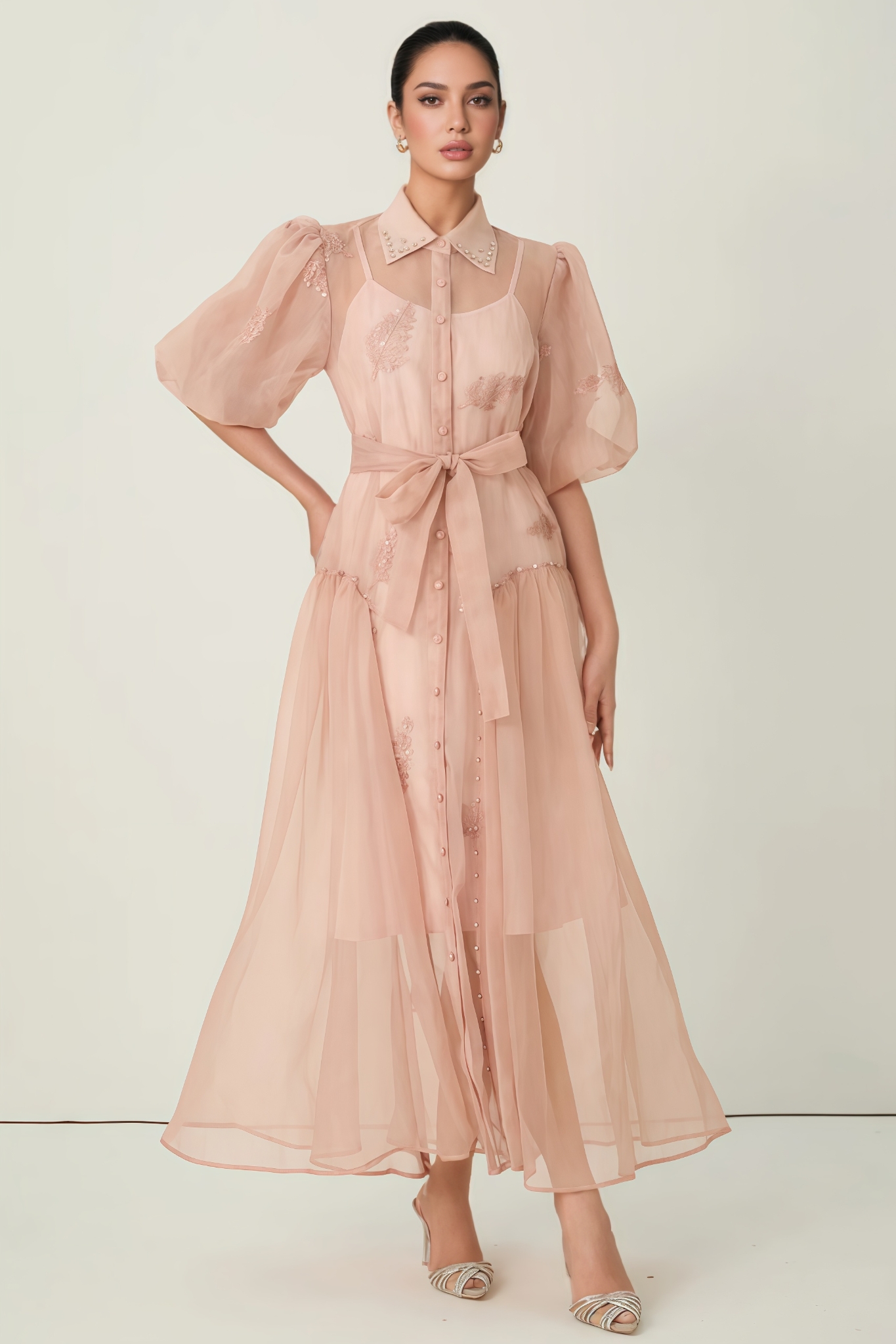 Fynrie Pink Puff Sleeve Embroidered Maxi Dress