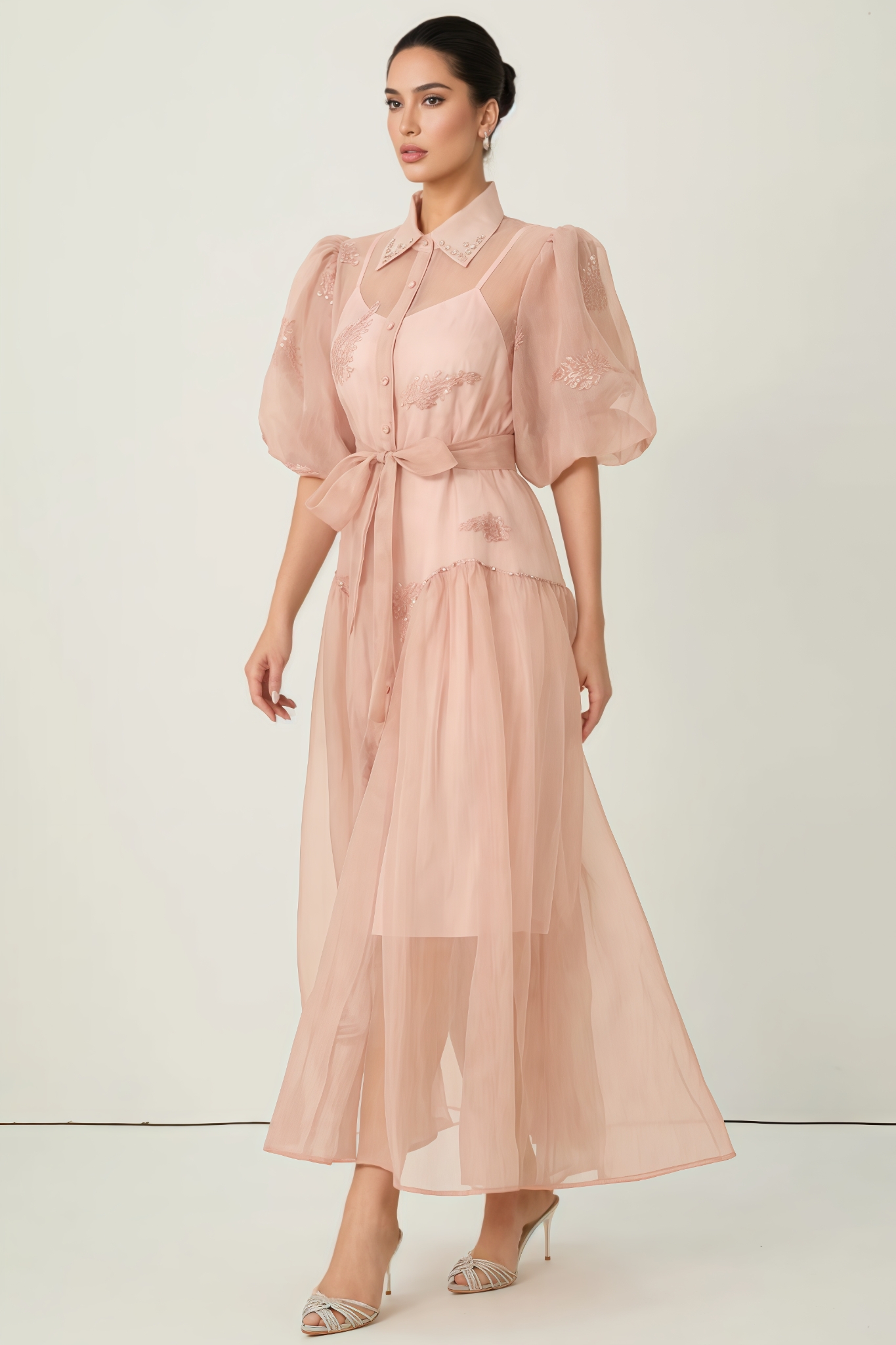 Fynrie Pink Puff Sleeve Embroidered Maxi Dress