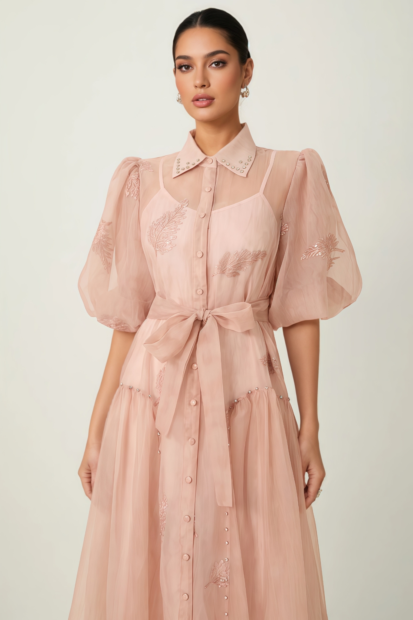 Fynrie Pink Puff Sleeve Embroidered Maxi Dress