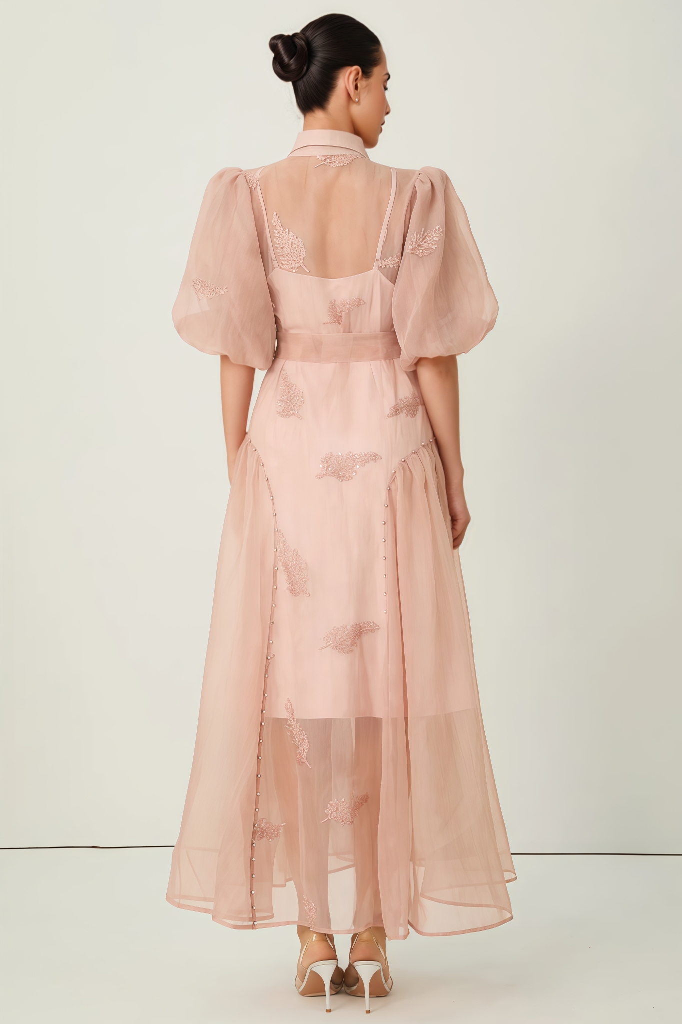 Fynrie Pink Puff Sleeve Embroidered Maxi Dress