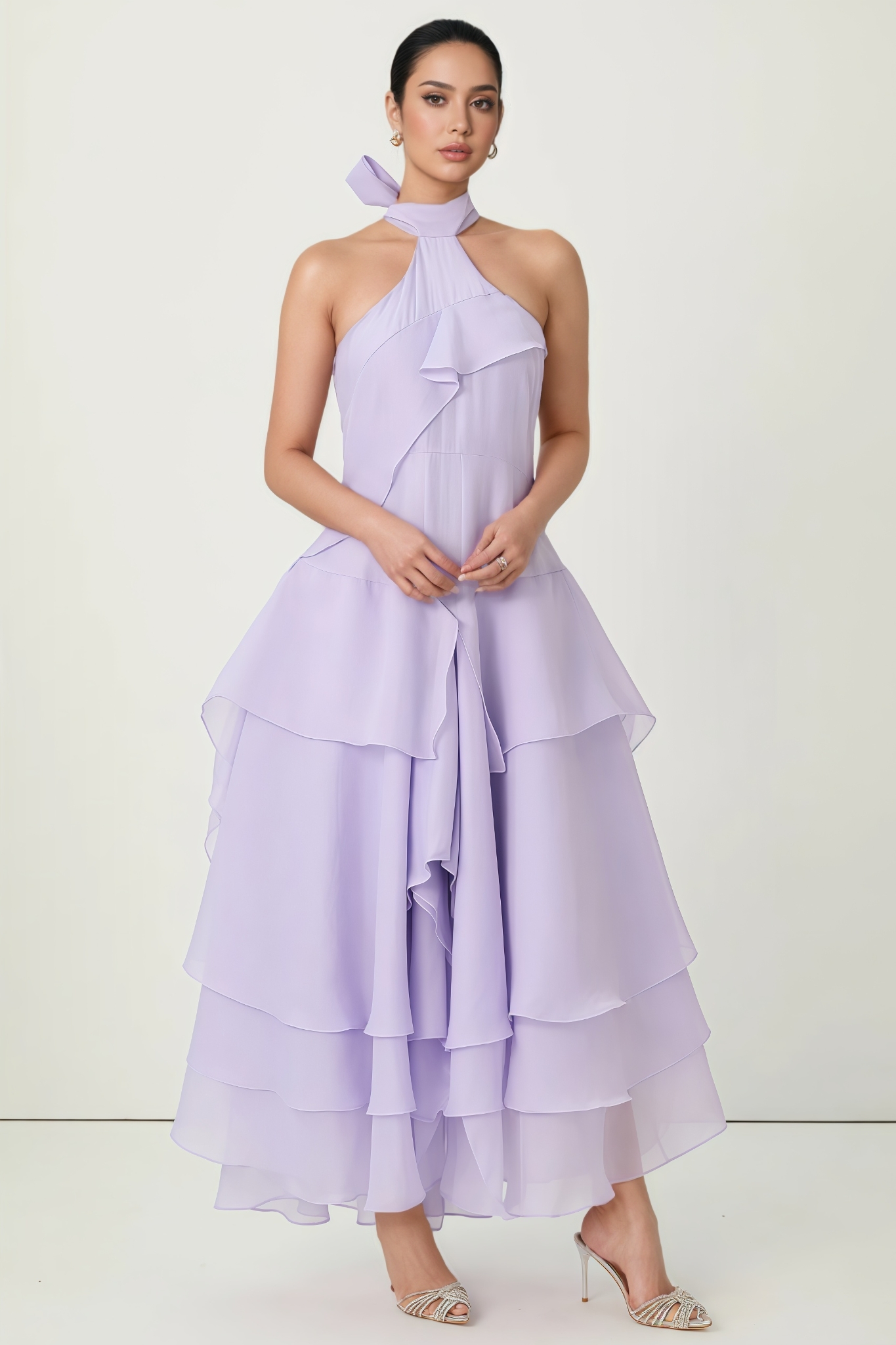 Mighel Purple Halter Neck Tiered Ruffle Maxi Dress