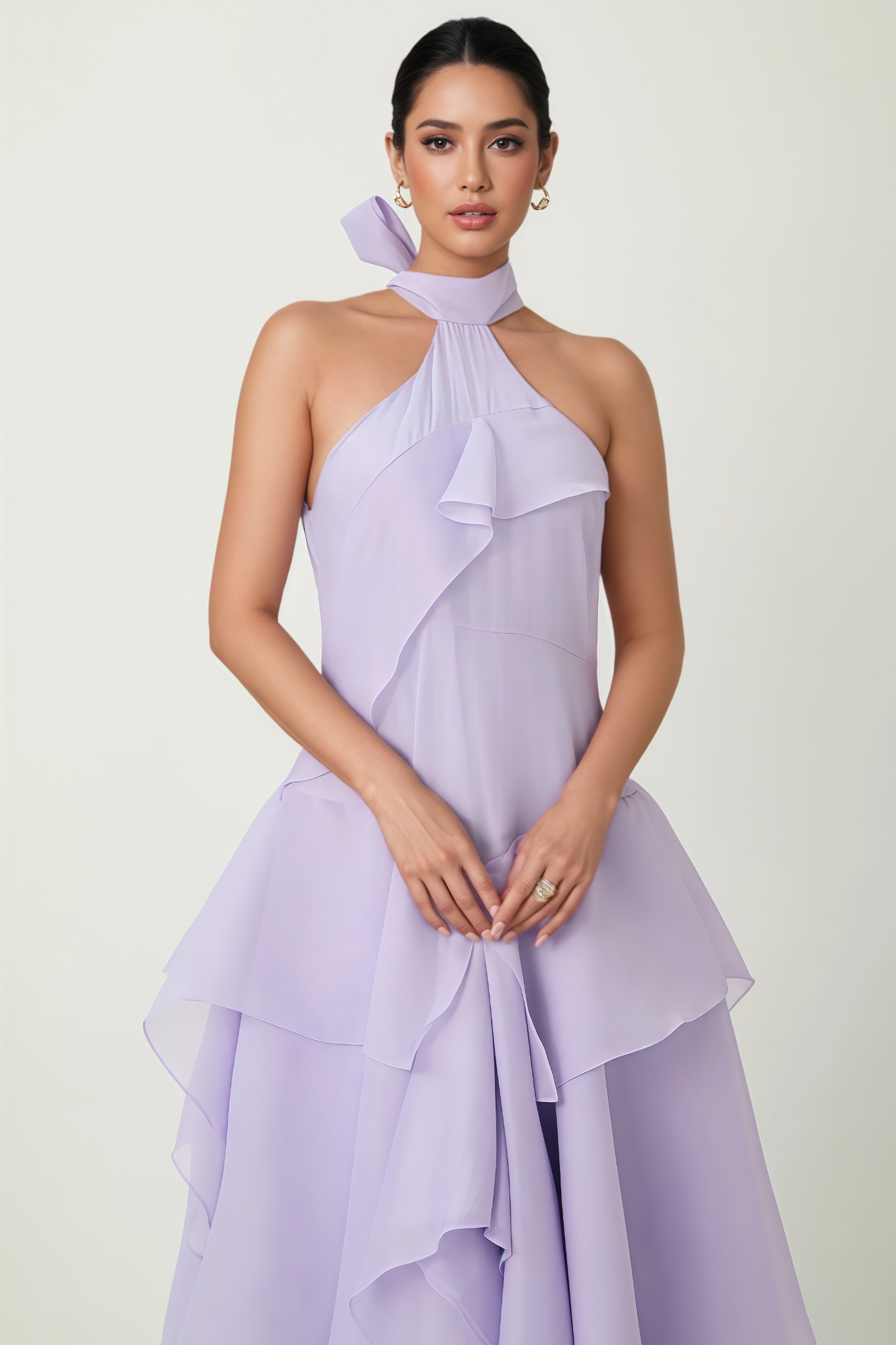 Mighel Purple Halter Neck Tiered Ruffle Maxi Dress
