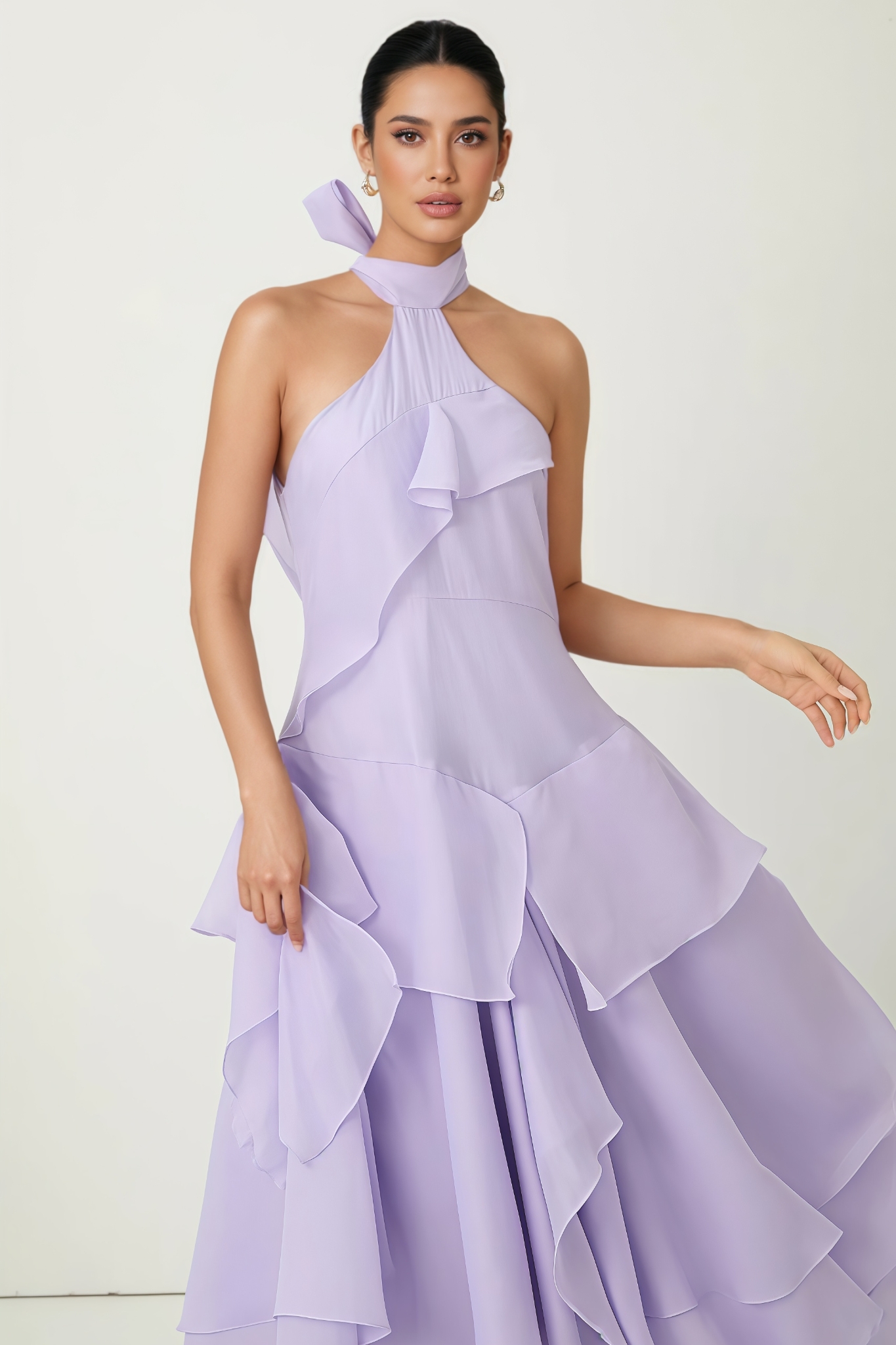 Mighel Purple Halter Neck Tiered Ruffle Maxi Dress