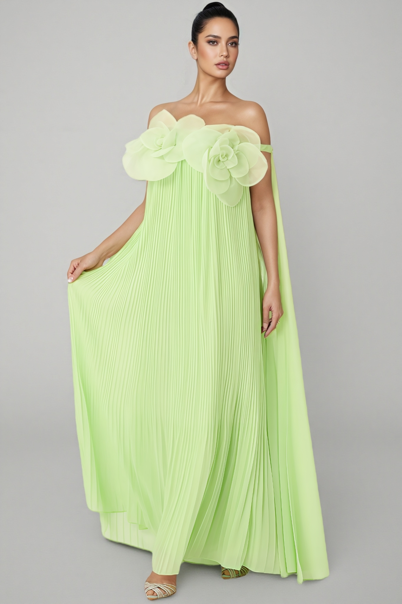 Sterling Green Off The Shoulder 3D Floral Maxi Dress