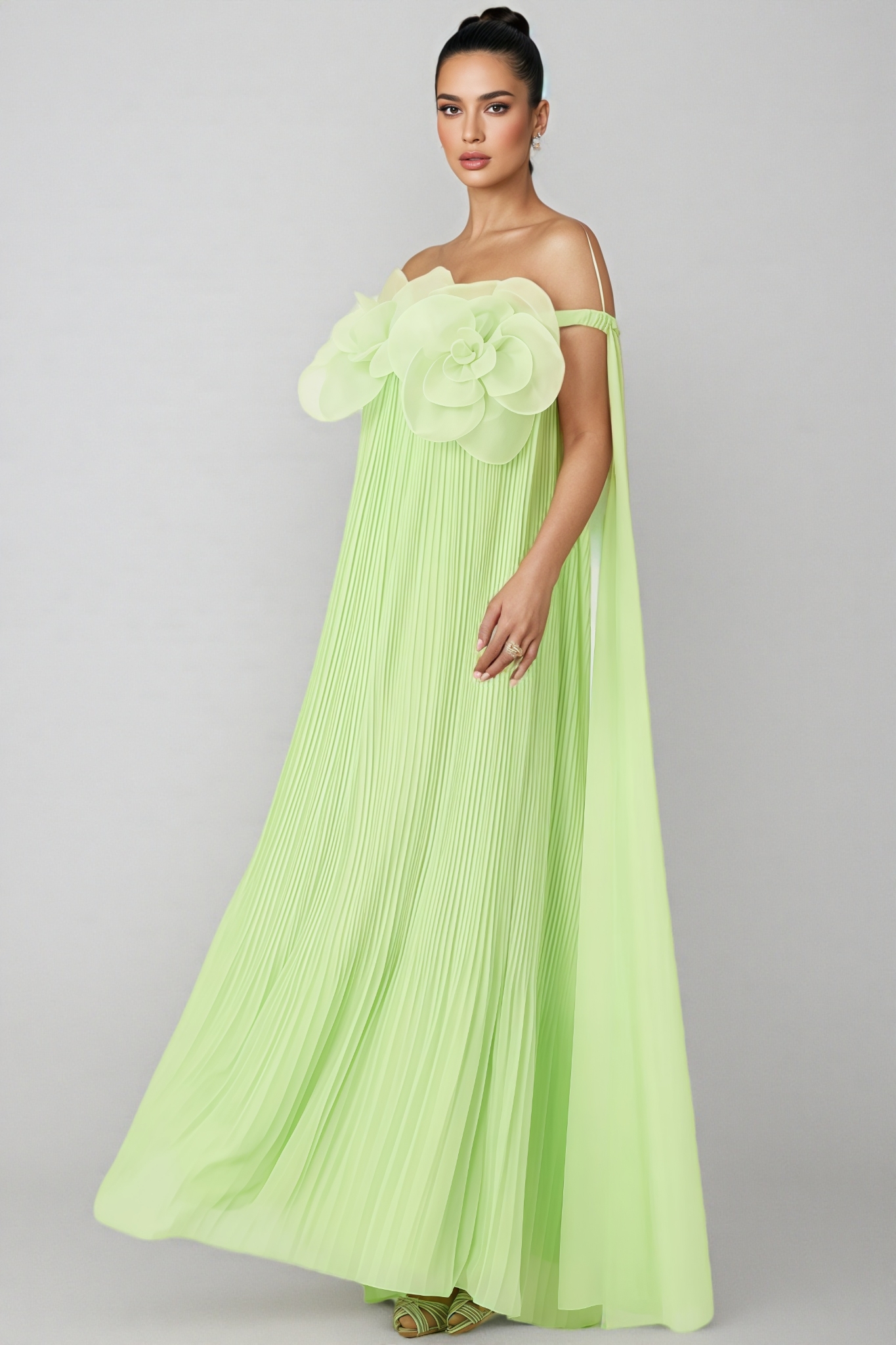 Sterling Green Off The Shoulder 3D Floral Maxi Dress