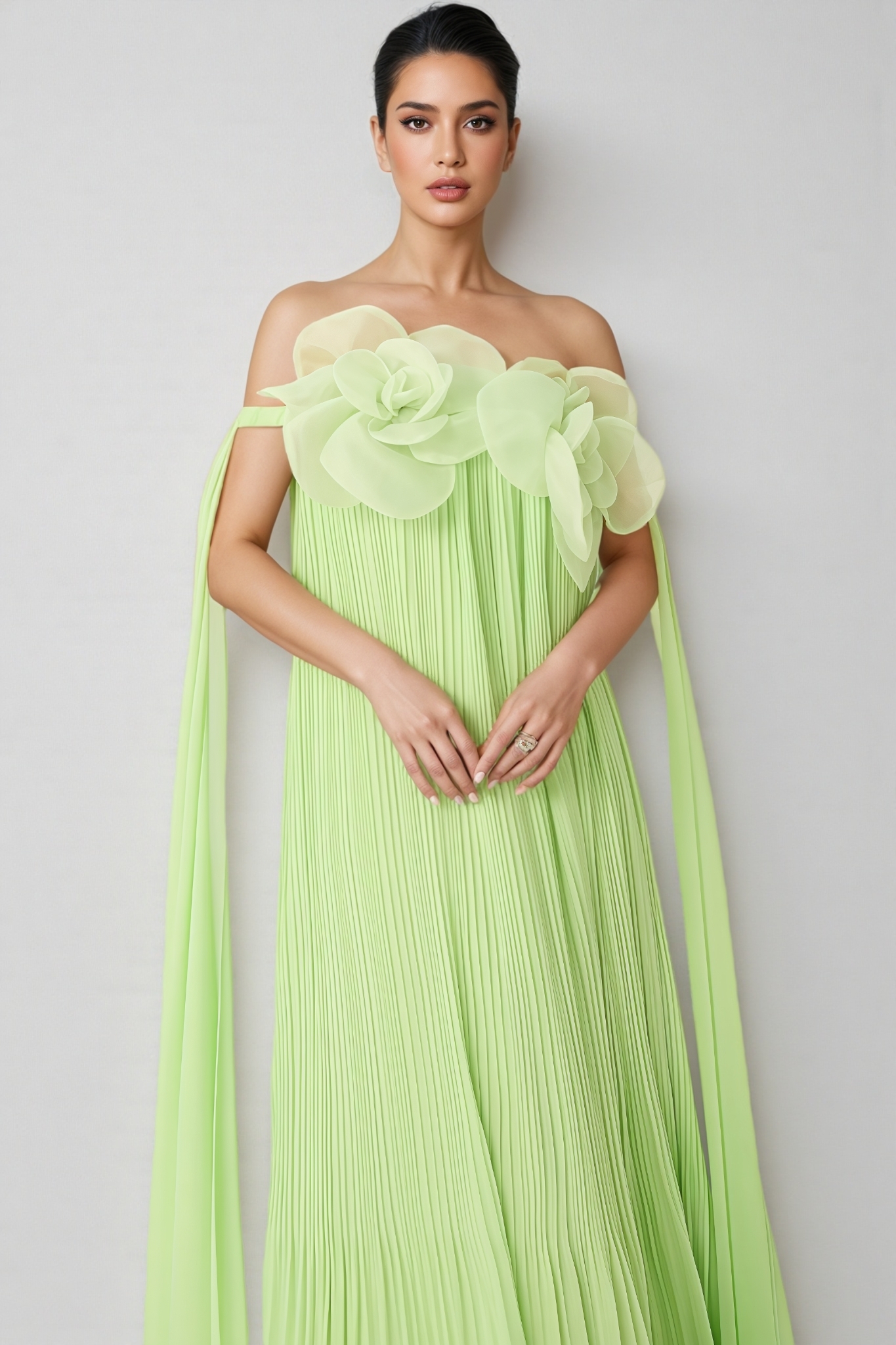 Sterling Green Off The Shoulder 3D Floral Maxi Dress
