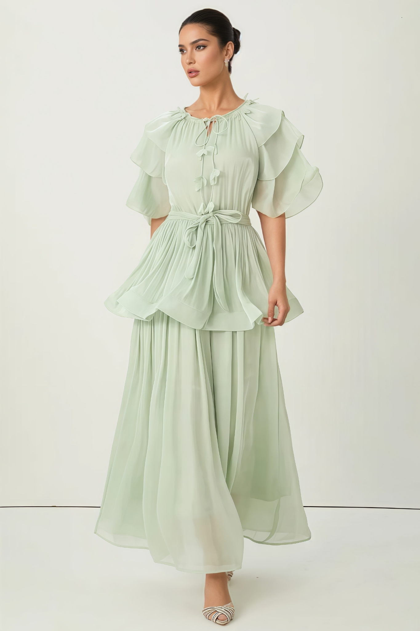 Evrcln Green Ruffle Sleeve Tie Neck Maxi Dress