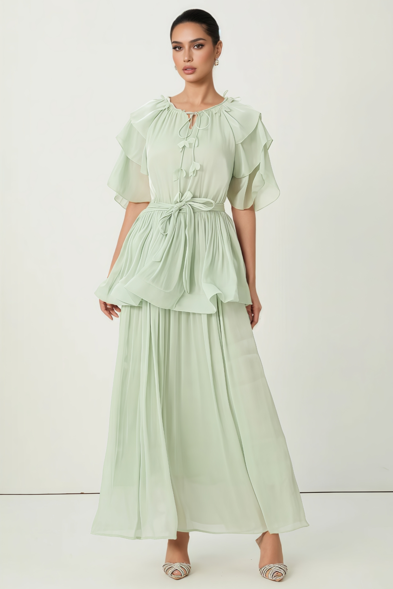 Evrcln Green Ruffle Sleeve Tie Neck Maxi Dress